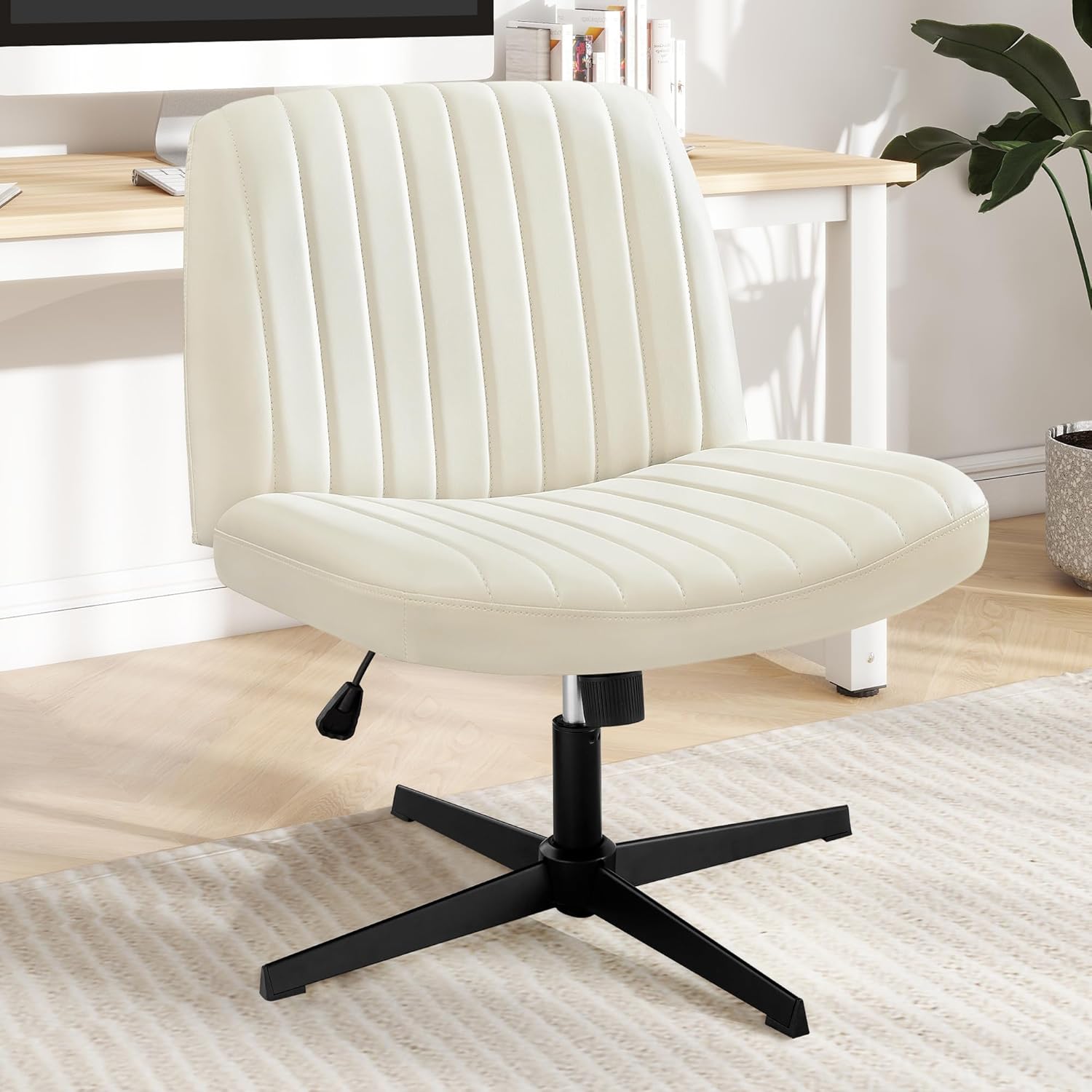 DUMOS Criss Cross Chair No Wheels Wide Cross Legged Office Desk Vanity Chair Comfy Fabric Armless Adjustable Swivel for Home Computer Task (Beige)