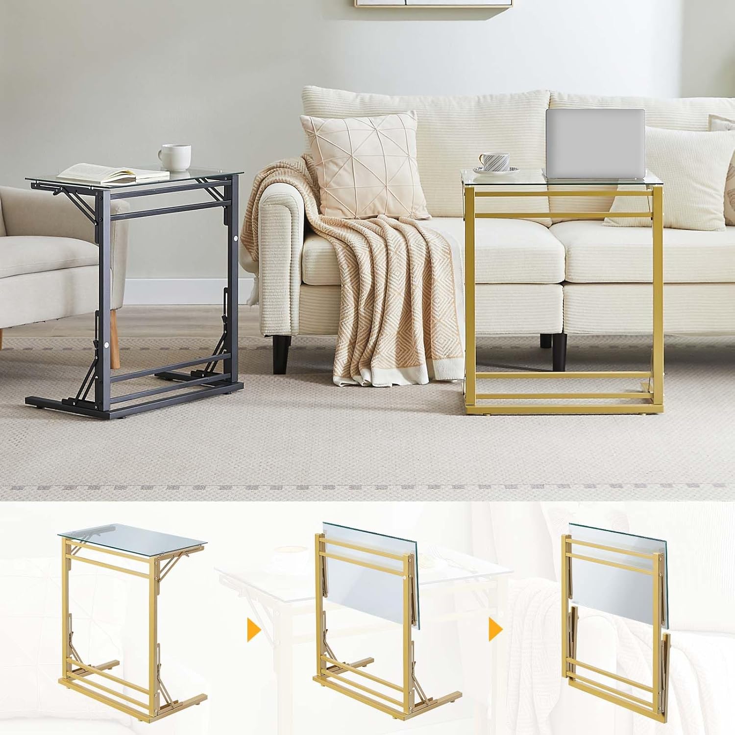 Tatub 24" Folding C Shaped End Table, Small Tempered Glass Side Table for Couch or Bed, Foldable TV Tray Laptop Desk with Gold Metal Frame