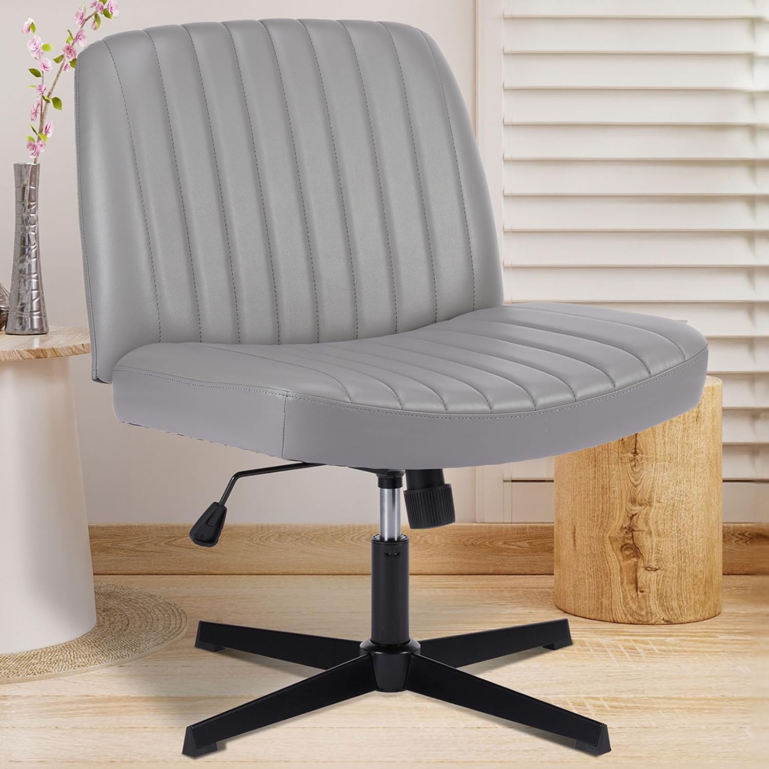 OLIXIS Criss Cross Chair with Wheels Wide Cross Legged Office Desk Vanity Chair Comfy Fabric Armless Adjustable Swivel for Home Computer Task Fabric Beige