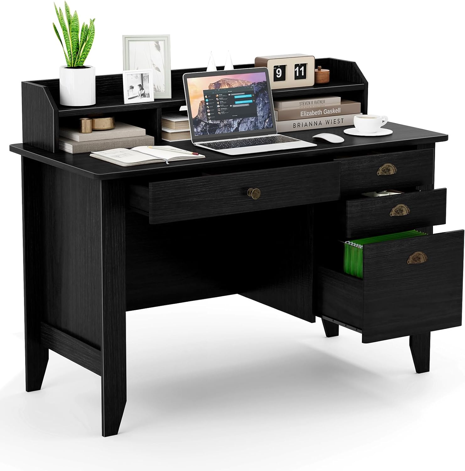 Safeplus 48" Computer Desk with 4 Storage Drawers and Hutch Wood Executive Table for PC Laptop
