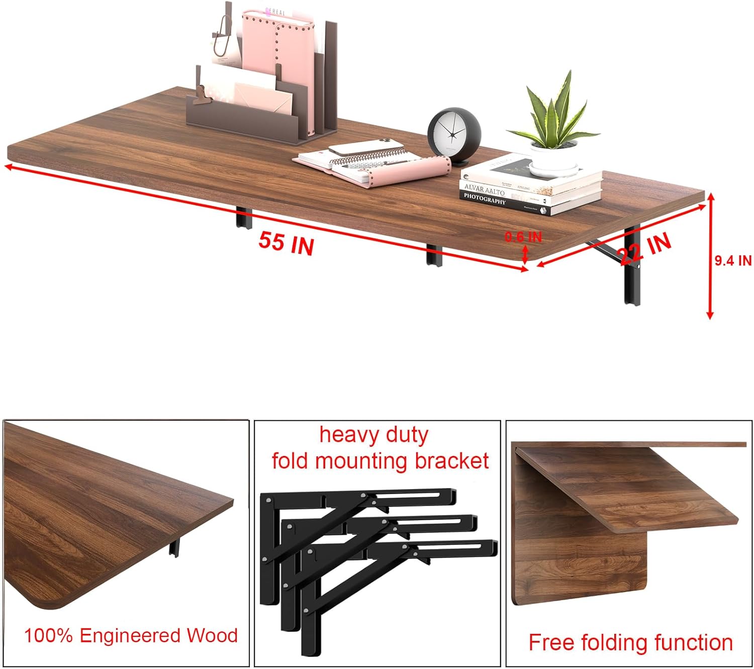 IAE 48" x 22" Floating Foldable Desk,Wall-Mounted Folding Computer Table with Engineered Wood,Study Table with Shelf Brackets,Fold Down Shelf,Fold Computer Desk for Small Spaces,Holds 500 lb,Brown