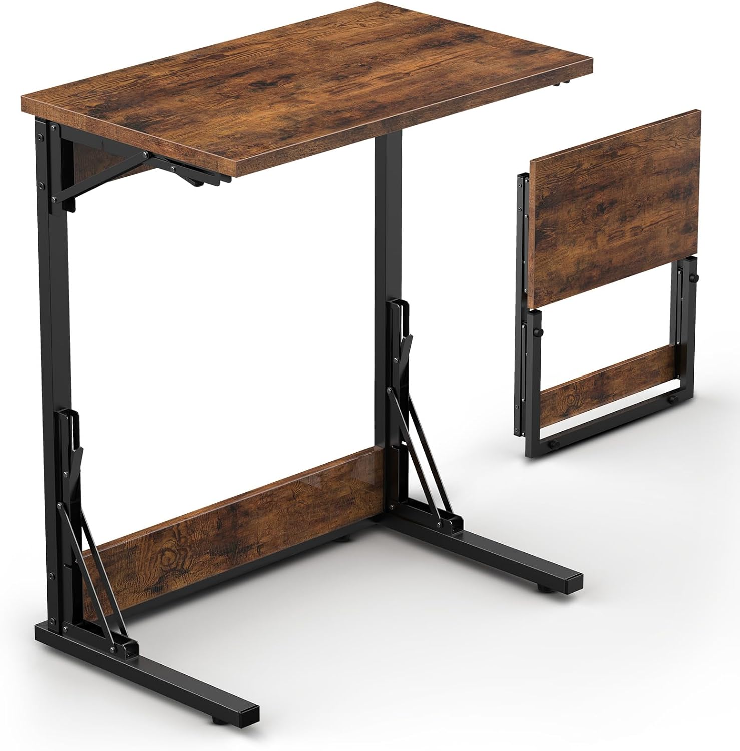 Tatub 24" Folding C Shaped End Table Set of 2, Small Sofa Side Laptop Desk, Couch TV Tray Table for Living Room, Bedroom, Rustic Brown