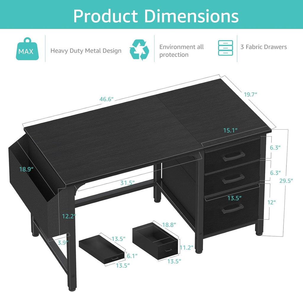 Lufeiya Computer Desk with File Drawers Cabinet, 47 Inch Reversible Home Office Desks with Filing Cabinet for Small Space, Gaming Study Writing Table PC Desks, Black