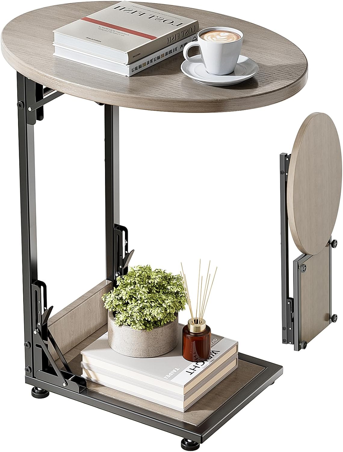 Elbourn Folding Side Table End Couch Tables, C-Shaped End Table for Living Room, Small End Table for Bedroom, Coffee Table (Black)