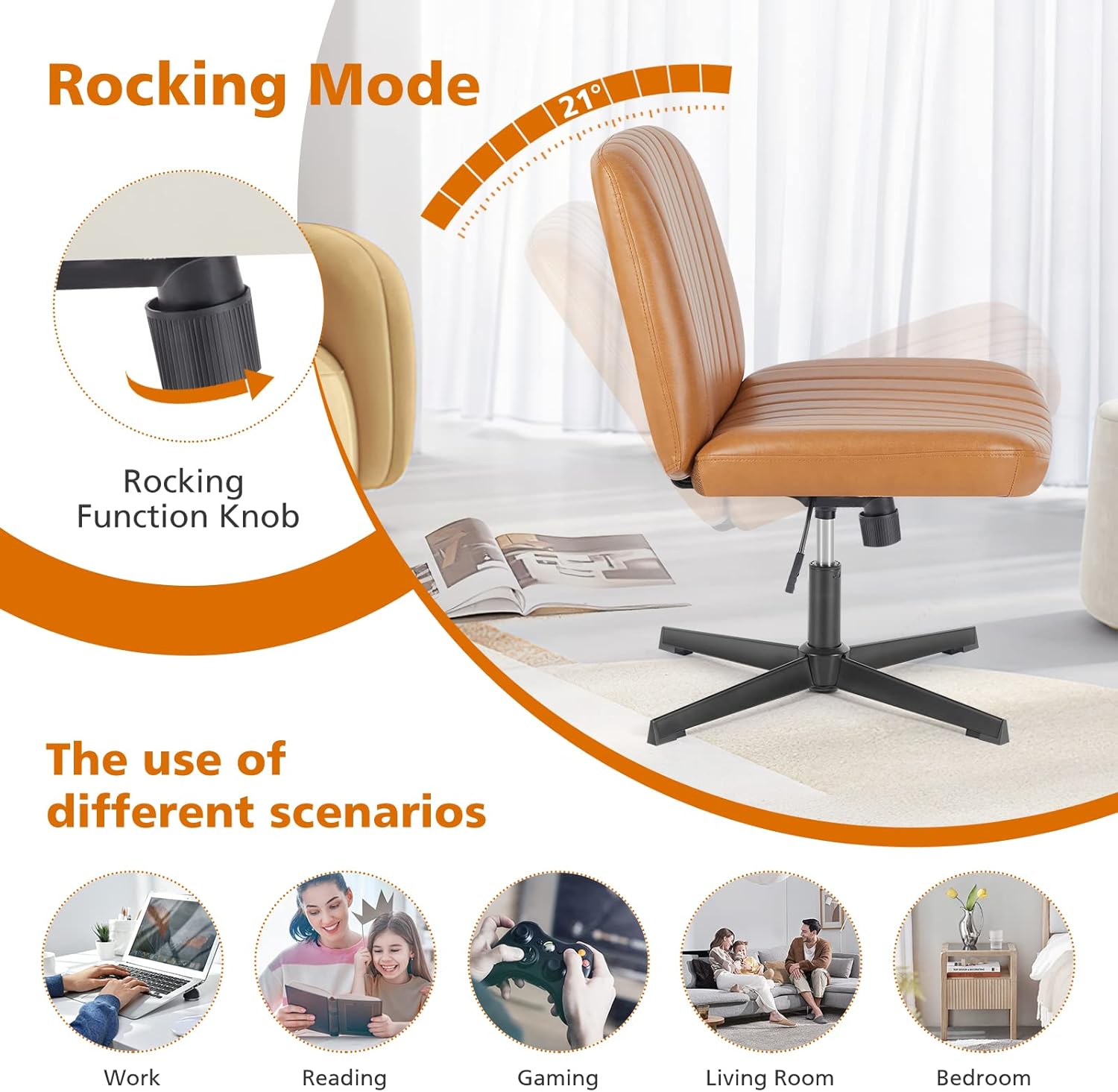 Sweetcrispy Criss Cross Chair Legged, Armless Office Swivel Desk Chair No Wheels, Vanity Height Adjustable Wide Seat Faux Leather Computer Task Seating for Home Bedroom