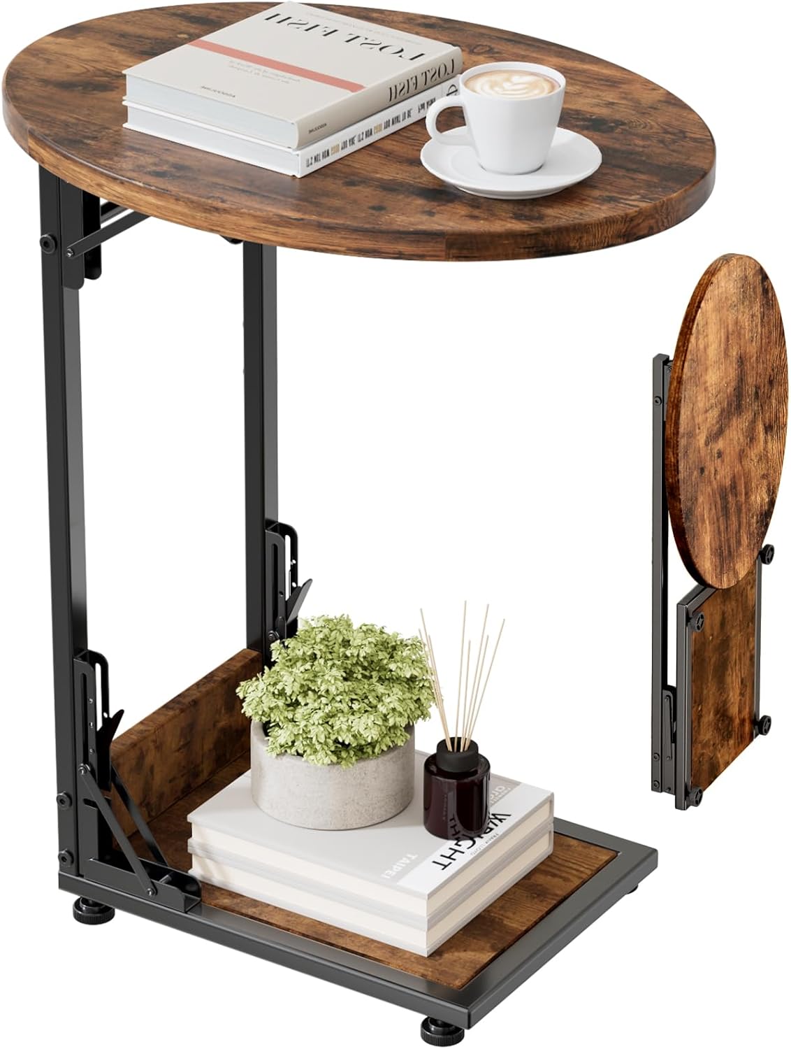 Elbourn Folding Side Table End Couch Tables, C-Shaped End Table for Living Room, Small End Table for Bedroom, Coffee Table (Black)