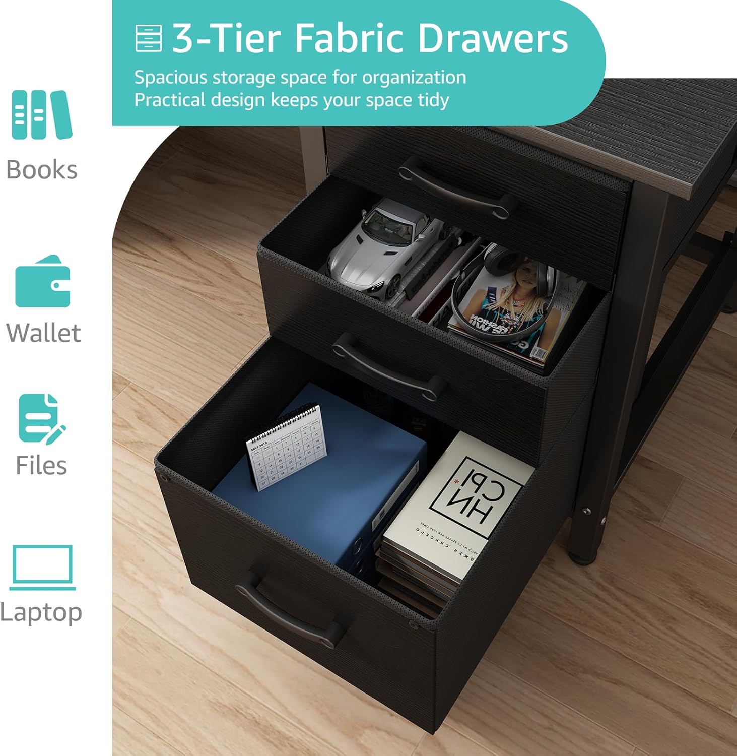 Lufeiya Computer Desk with File Drawers Cabinet, 47 Inch Reversible Home Office Desks with Filing Cabinet for Small Space, Gaming Study Writing Table PC Desks, Black