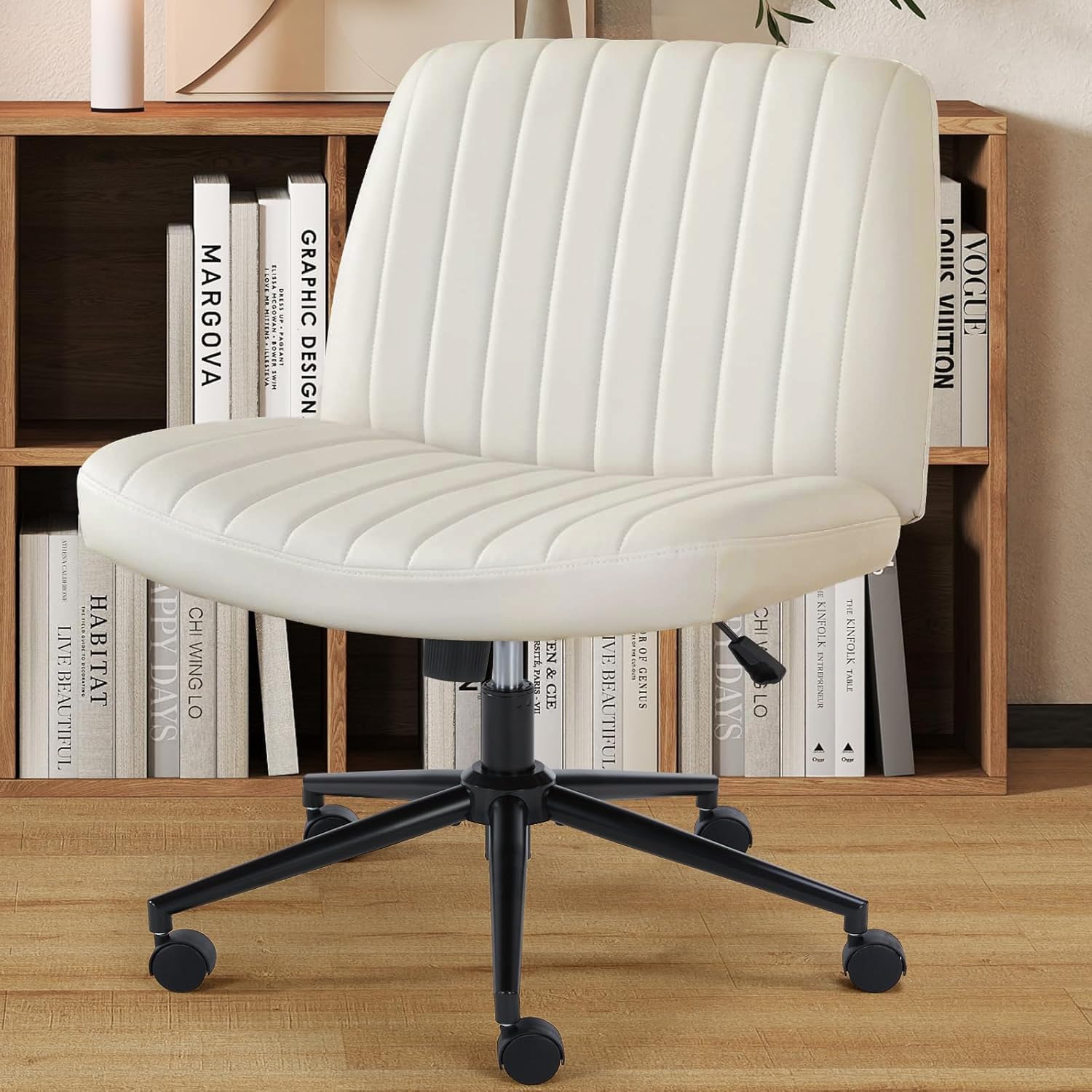 OLIXIS Criss Cross Chair with Wheels Wide Cross Legged Office Desk Vanity Chair Comfy Fabric Armless Adjustable Swivel for Home Computer Task Fabric Beige