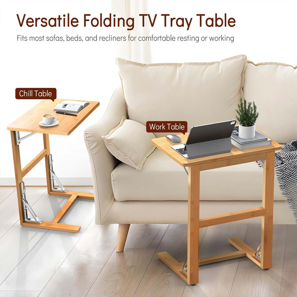 Tatub 24'' Folding TV Tray Table, Foldable C Shaped End Table Slide Under Couch, Small Sofa Side Laptop Desk for Living Room, Bedroom, Nature