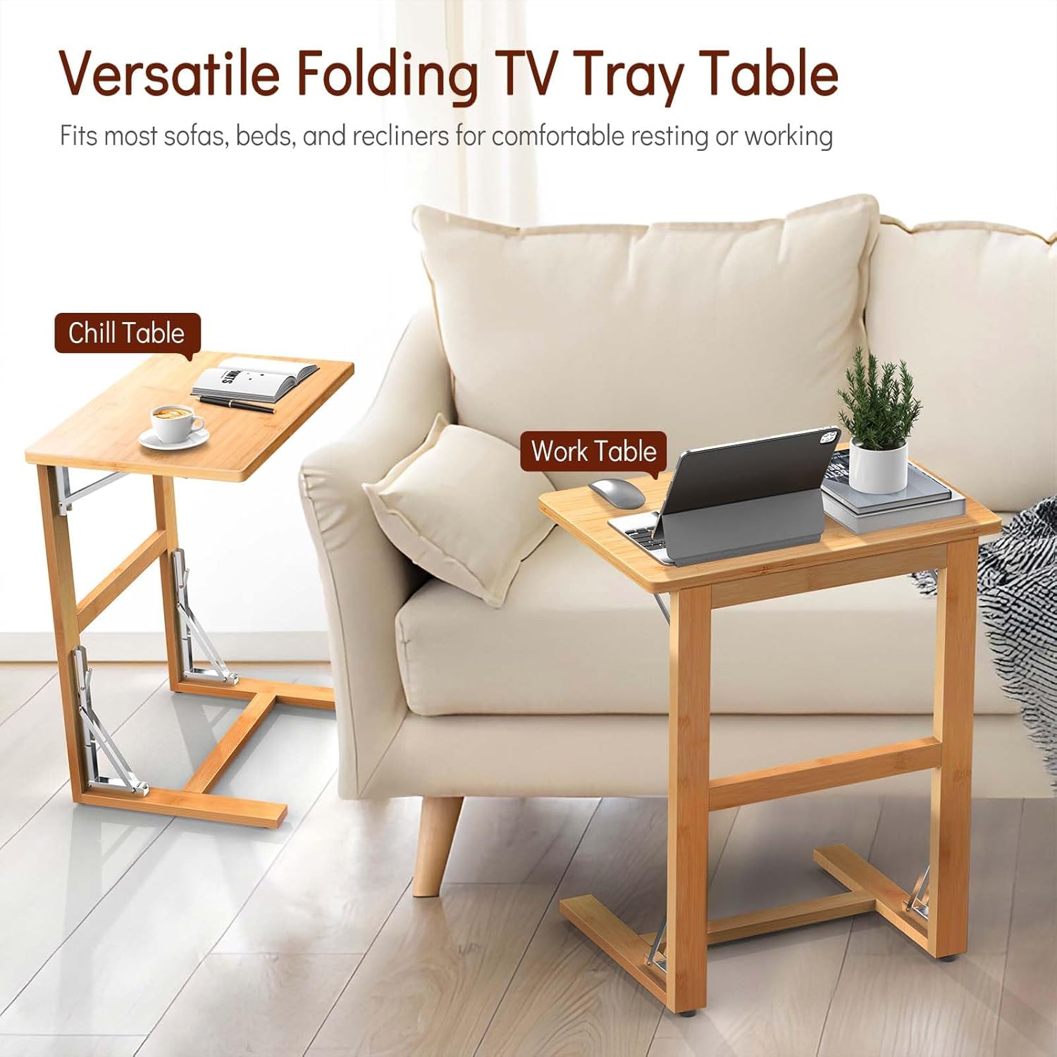 Tatub 24'' Folding TV Tray Table, Foldable C Shaped End Table Slide Under Couch, Small Sofa Side Laptop Desk for Living Room, Bedroom, Nature