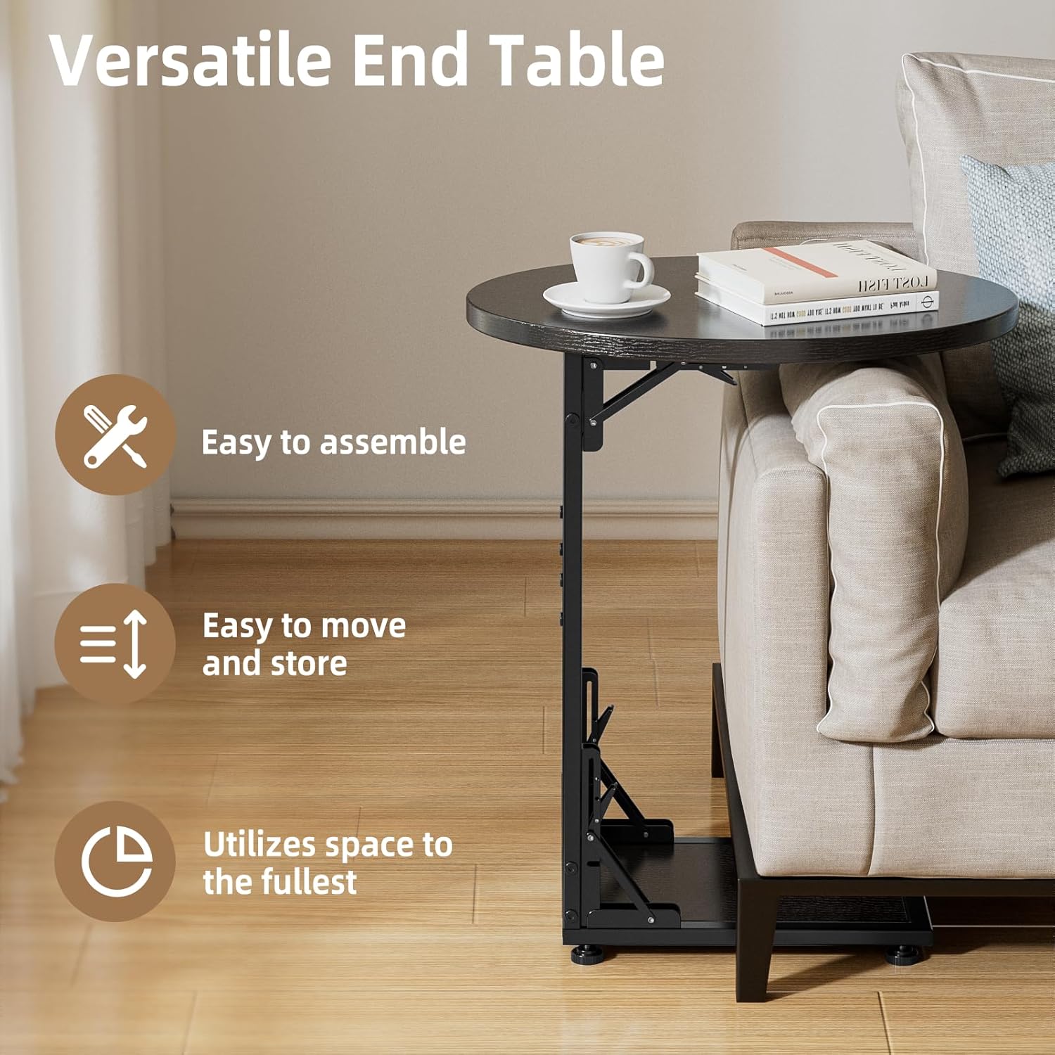 Elbourn Folding Side Table End Couch Tables, C-Shaped End Table for Living Room, Small End Table for Bedroom, Coffee Table (Black)