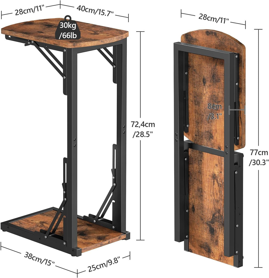 Folding C-Shaped End Table, Side Table for Couch, TV Tray Table for Small Spaces, Small Couch Side Table That Slide Under Sofa Bed, Living Room, Bedroom, Bedside, Rustic Brown ETHR4101