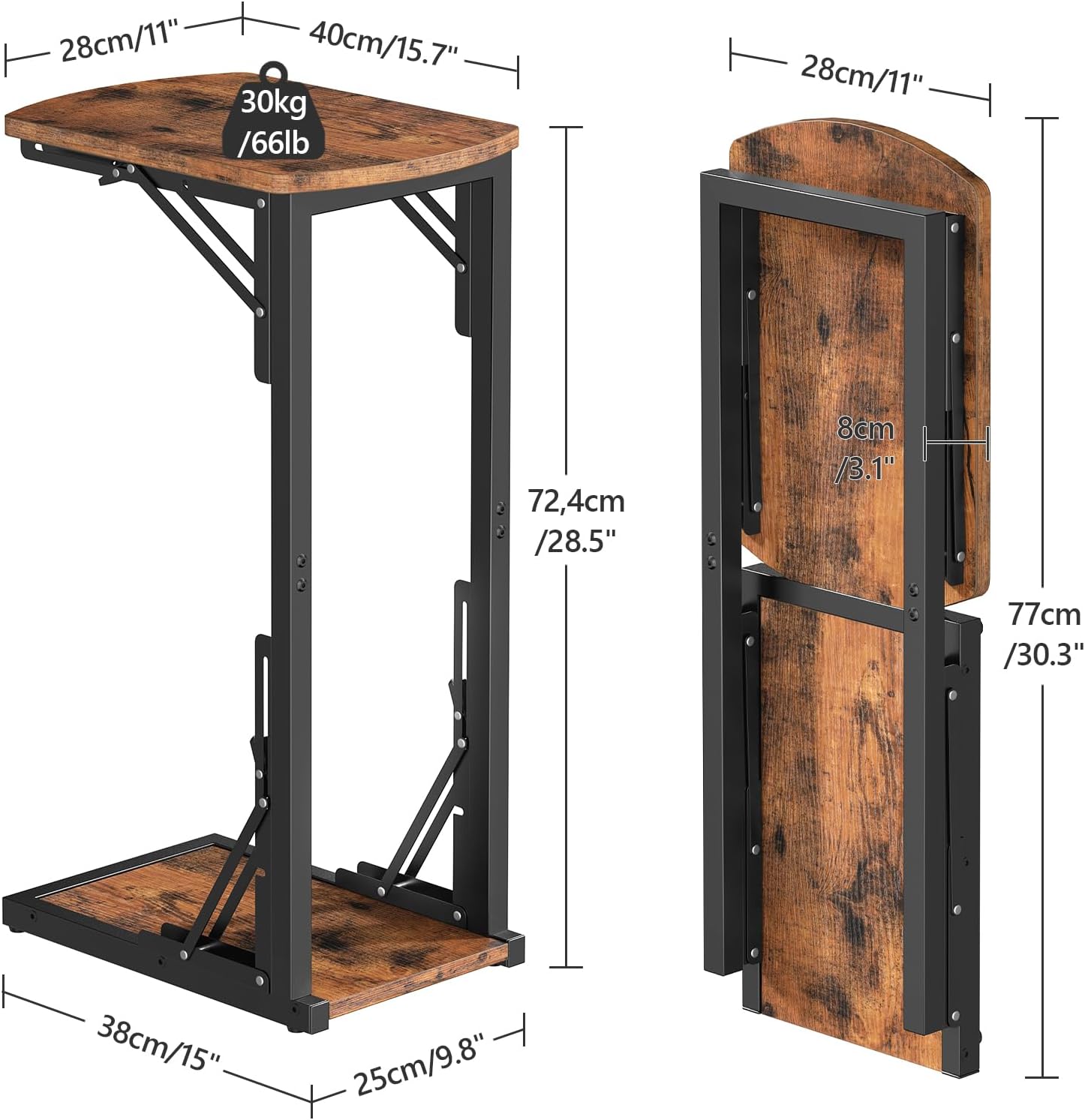 Folding C-Shaped End Table, Side Table for Couch, TV Tray Table for Small Spaces, Small Couch Side Table That Slide Under Sofa Bed, Living Room, Bedroom, Bedside, Rustic Brown ETHR4101