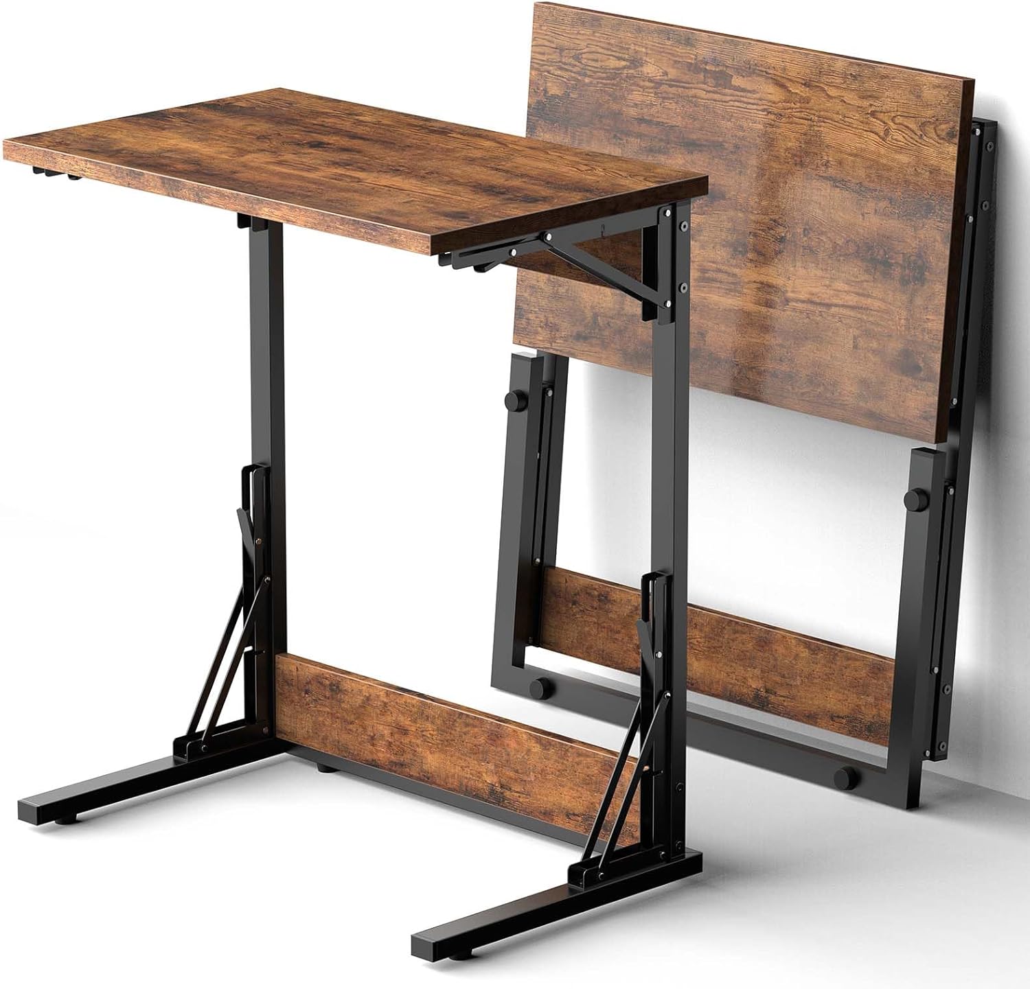 Tatub 24" Folding C Shaped End Table, Small Sofa Side Laptop Desk, Couch TV Tray Table for Living Room, Bedroom, Rustic Brown