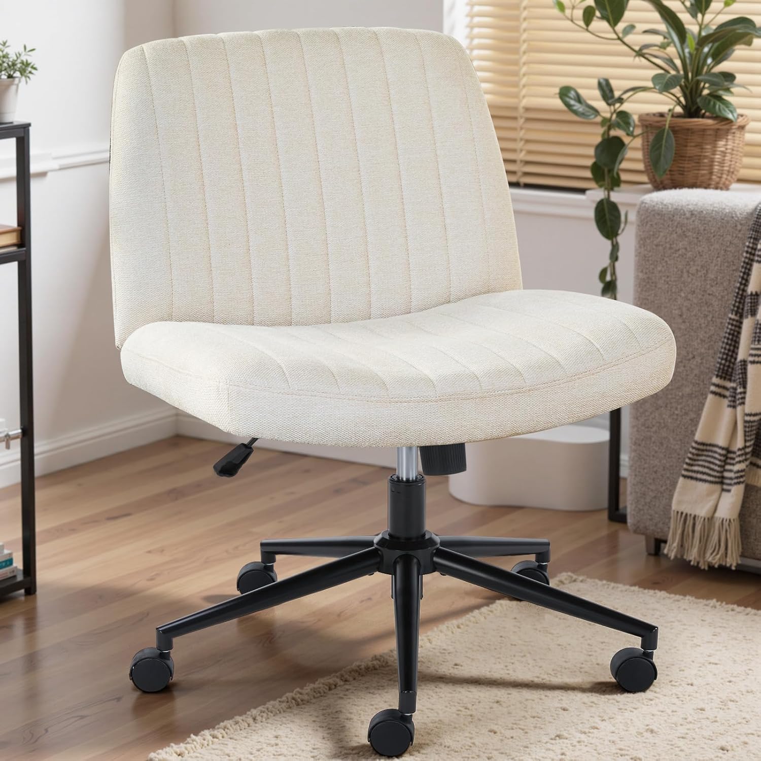 DUMOS Desk Chair No Wheels, Criss Cross Chair Wide Cross Legged Office Desk Vanity Chair, PU Leather Armless Adjustable Swivel Chairs for Home Computer Task Beige