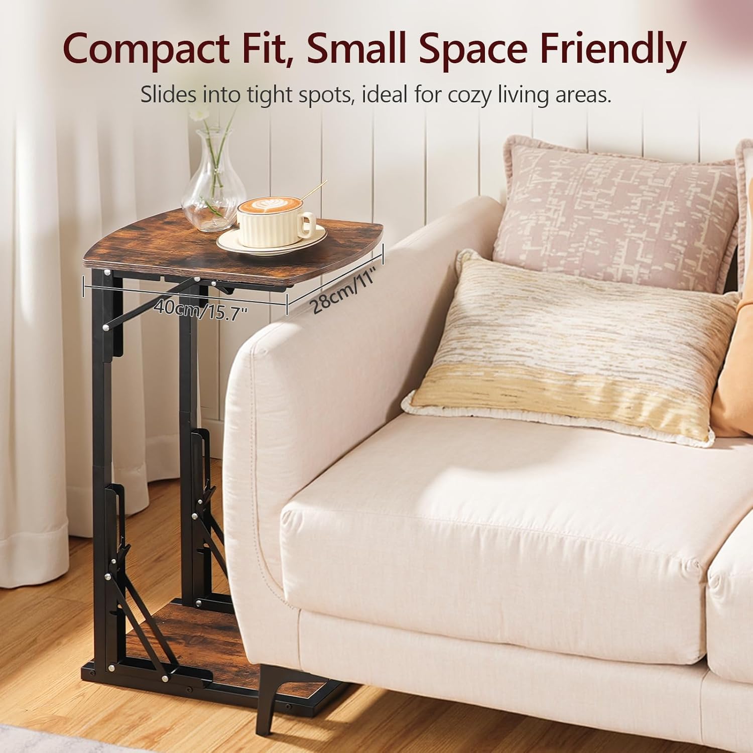 Folding C-Shaped End Table, Side Table for Couch, TV Tray Table for Small Spaces, Small Couch Side Table That Slide Under Sofa Bed, Living Room, Bedroom, Bedside, Rustic Brown ETHR4101