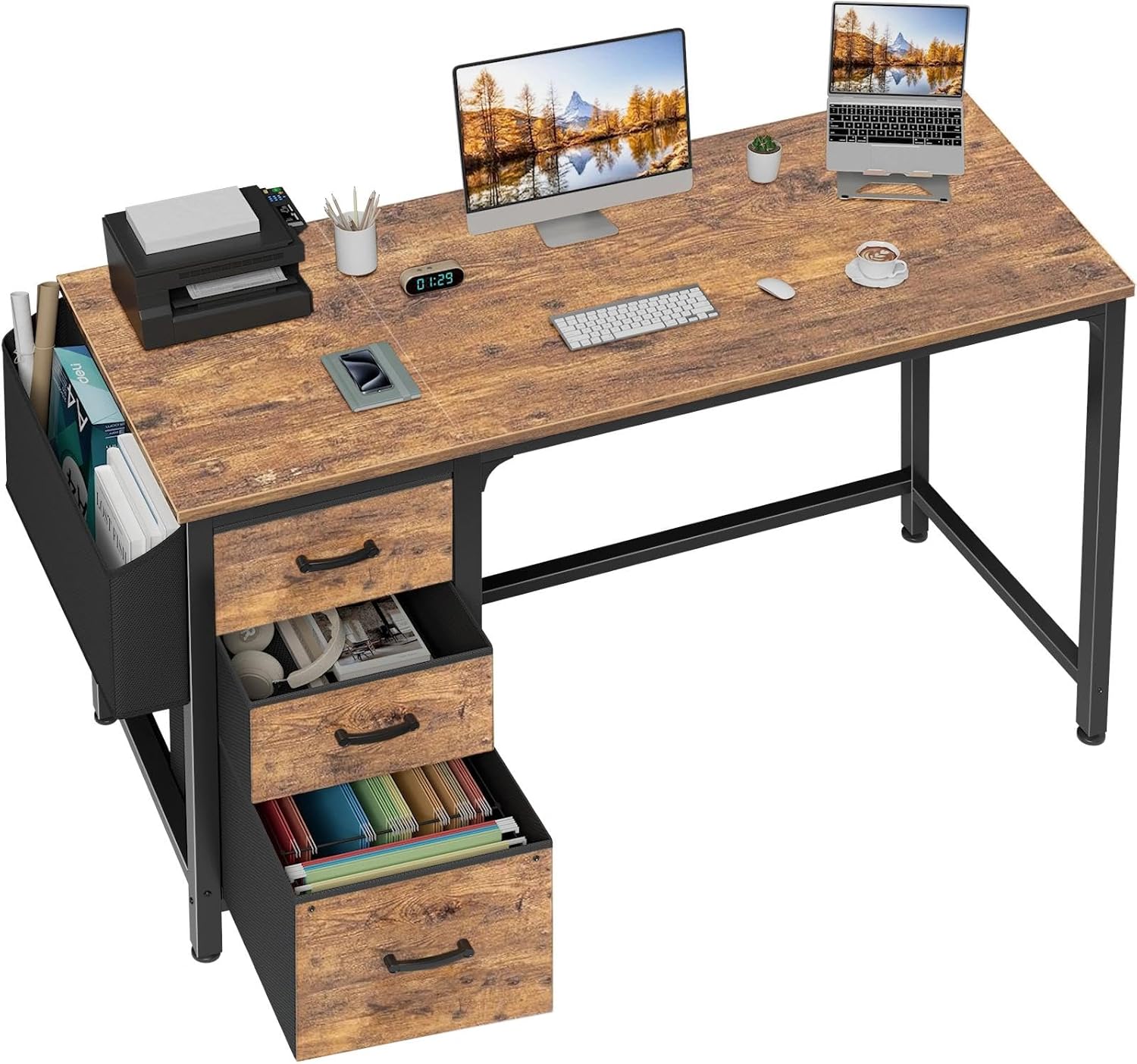 Lufeiya White Desk with Fabric File Drawers Cabinet, 47 Inch Reversible Computer Desk with Filing Cabinet for Bedroom Small Space Home Office, Modern Writing Table PC Desks, White