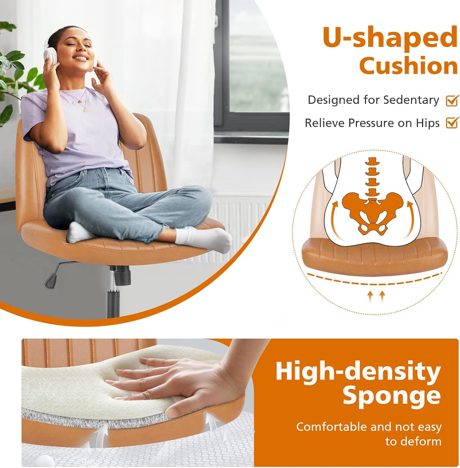 Sweetcrispy Criss Cross Chair Legged, Armless Office Swivel Desk Chair No Wheels, Vanity Height Adjustable Wide Seat Faux Leather Computer Task Seating for Home Bedroom