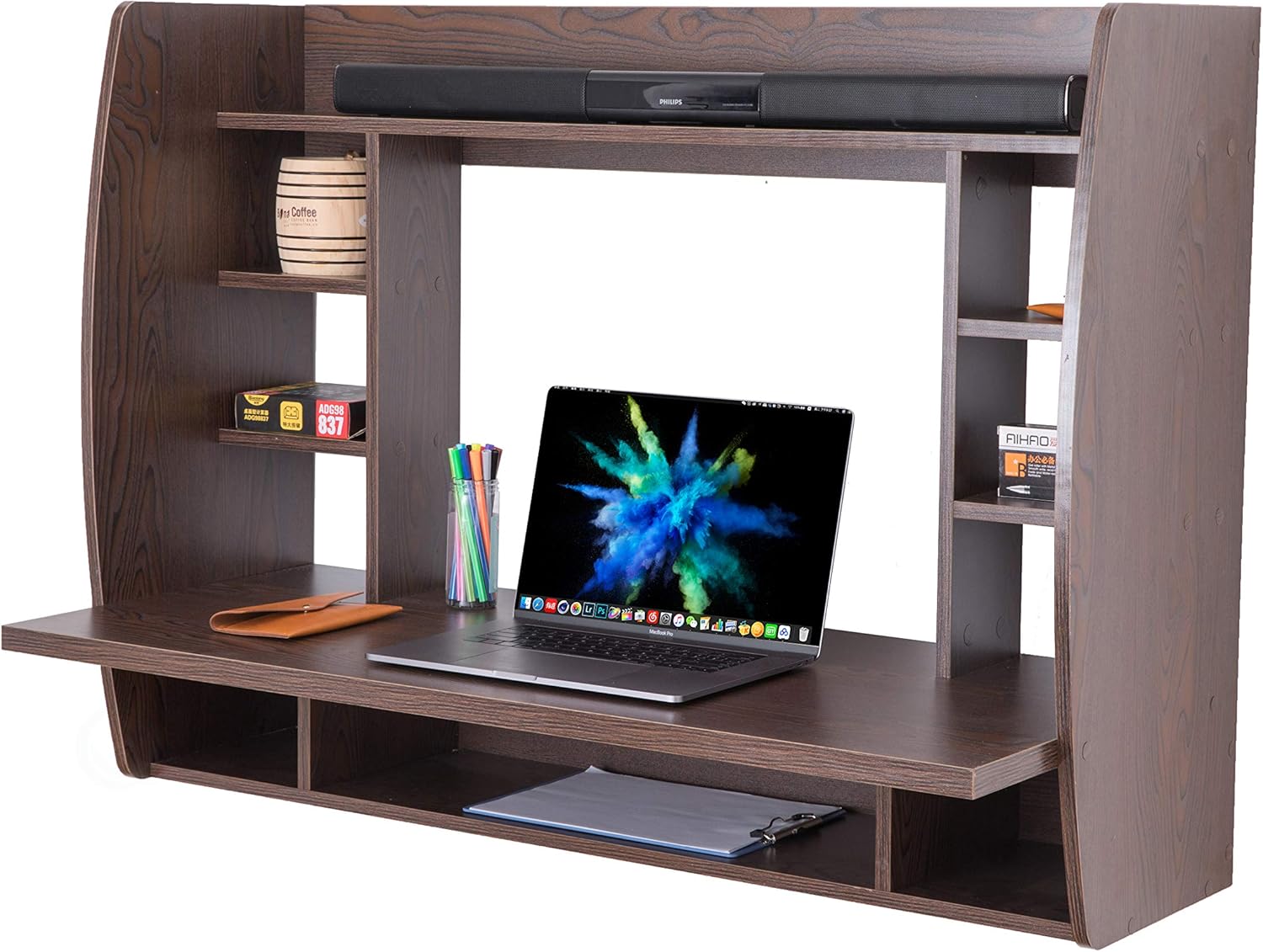 Versatile Wall Mount Floating Computer Desk - Stylish and Space-Saving Writing Study Table with Shelves - Ideal for Living Room, Bedroom, and Home Office, White