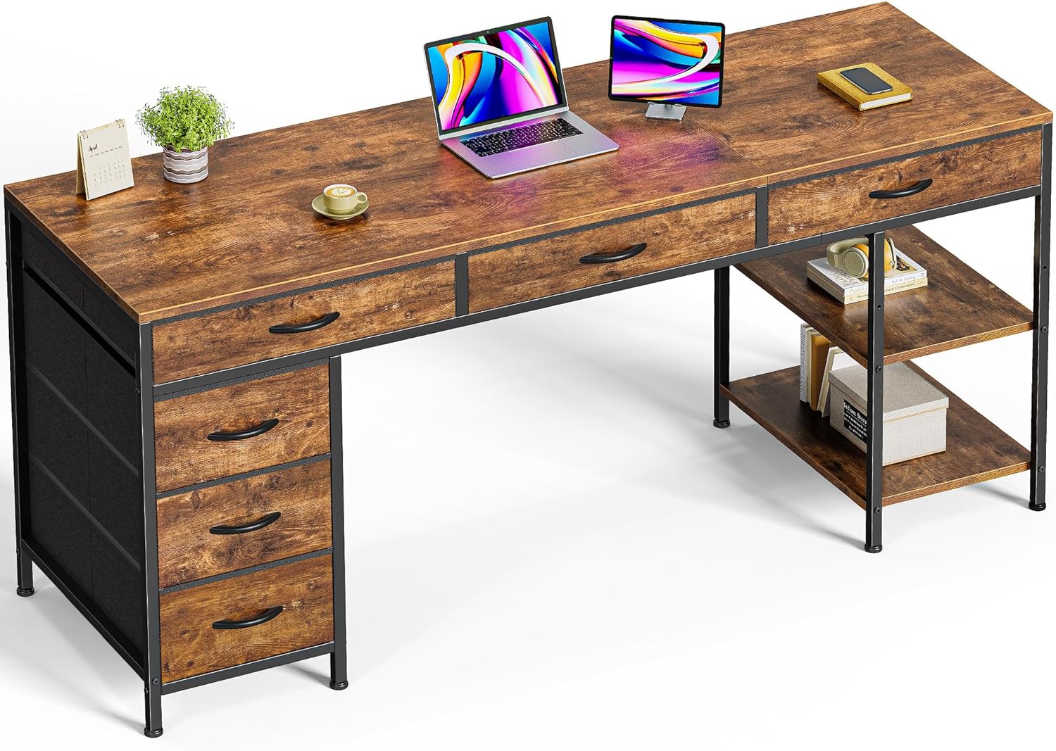Huuger Computer Desk with 6 Drawers, 47 Inch Office Desk with Shelves, Reversible Gaming Desk, Corner Desk with Storage, Work for Home Office, Study, Living Room, Rustic Brown