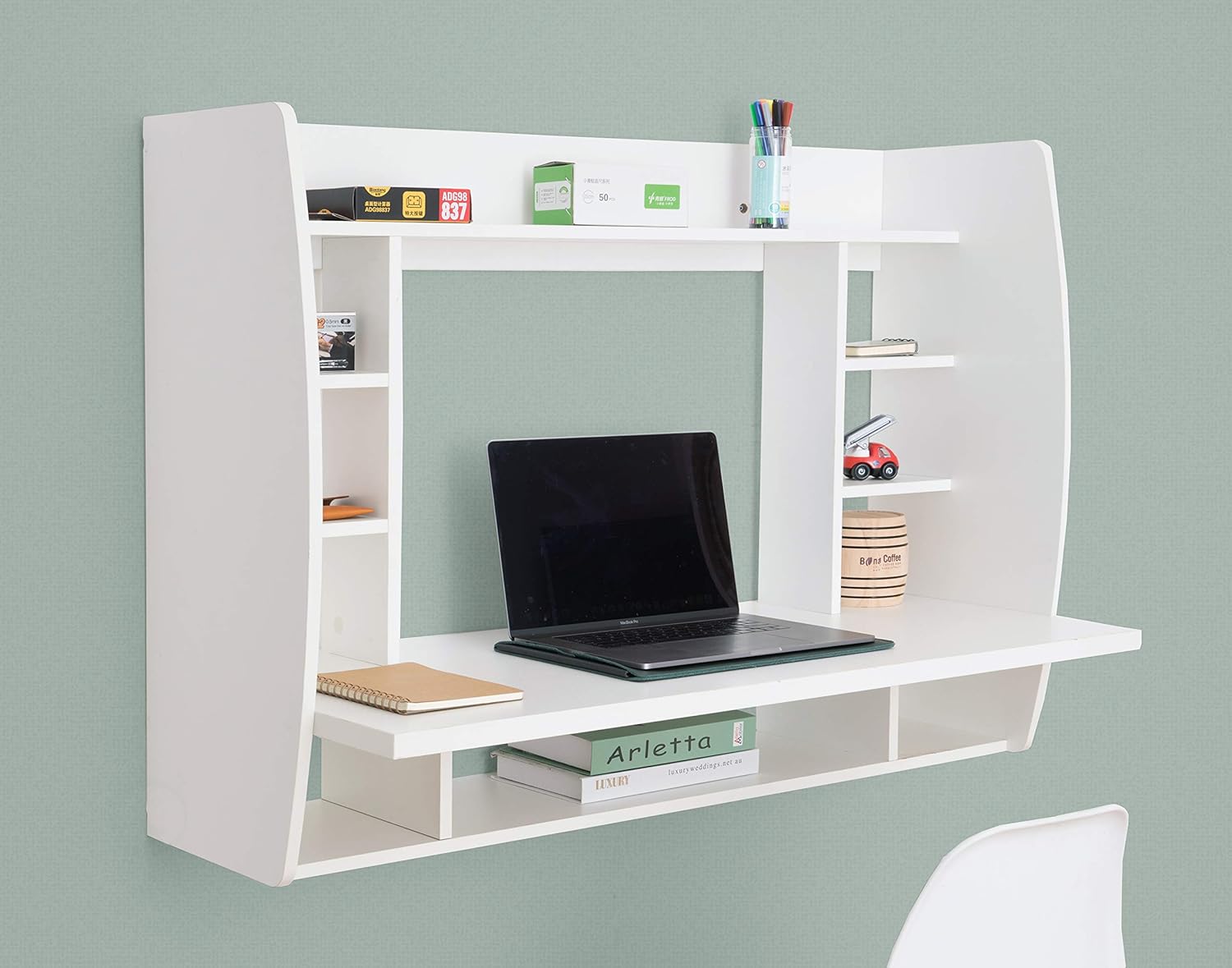 Versatile Wall Mount Floating Computer Desk - Stylish and Space-Saving Writing Study Table with Shelves - Ideal for Living Room, Bedroom, and Home Office, White