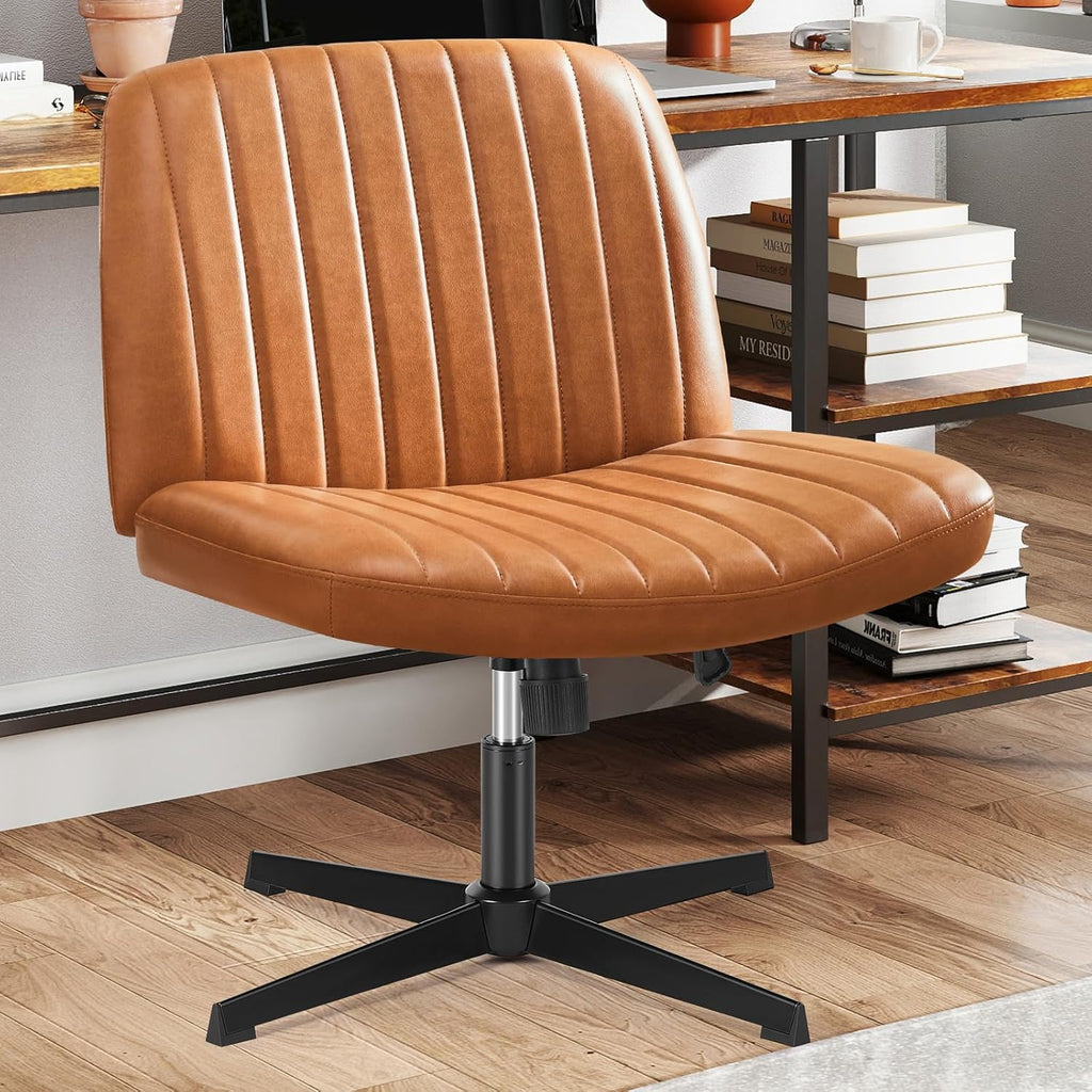 Sweetcrispy Criss Cross Chair Legged, Armless Office Swivel Desk Chair No Wheels, Vanity Height Adjustable Wide Seat Faux Leather Computer Task Seating for Home Bedroom