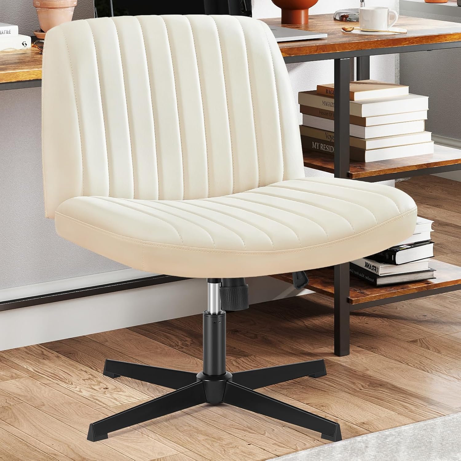 Sweetcrispy Criss Cross Chair Legged, Armless Office Swivel Desk Chair No Wheels, Vanity Height Adjustable Wide Seat Faux Leather Computer Task Seating for Home Bedroom