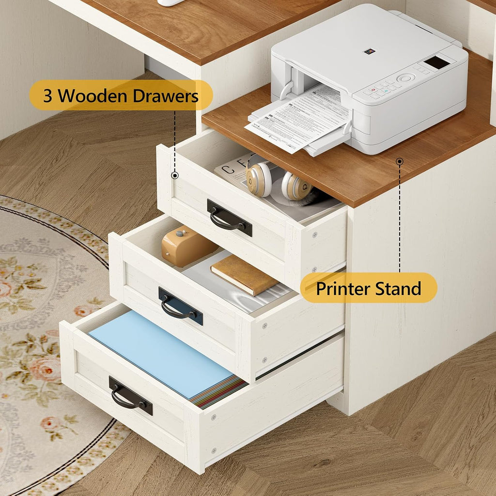 TVU Farmhouse Computer Desk with Drawers, 65'' Home Office Desk with Power Outlets, Storage Cabinet and Printer Stand, Study Writing Desks with Long Monitor Stand, White