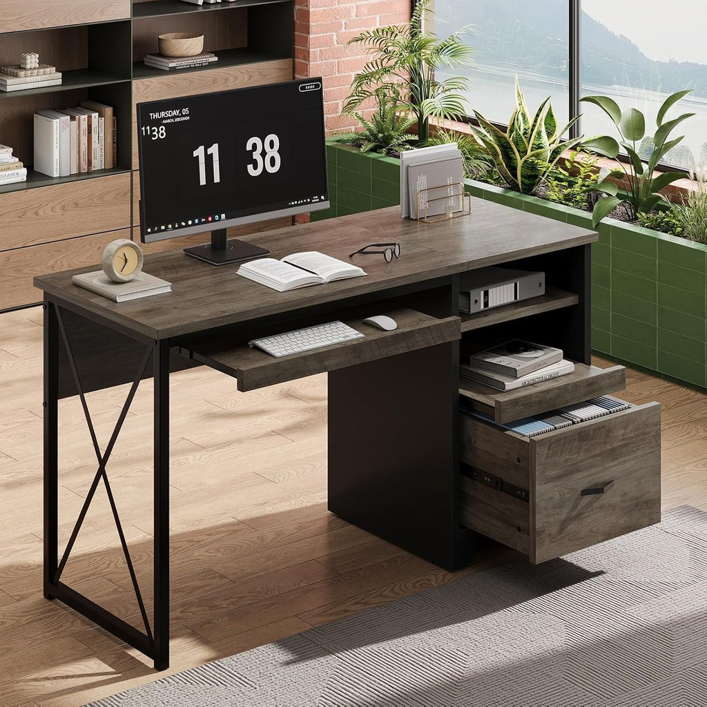 Bestier 47" Office Desk with Drawers, Industrial Computer Desk with Drawer, Reversible Teacher Desk with Storage & Keyboard Tray for Small Space Home Office & Studio, Gray Wash
