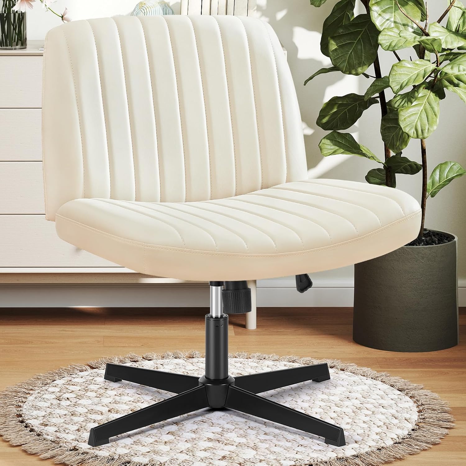 DUMOS Desk Chair No Wheels, Criss Cross Chair Wide Cross Legged Office Desk Vanity Chair, PU Leather Armless Adjustable Swivel Chairs for Home Computer Task Beige