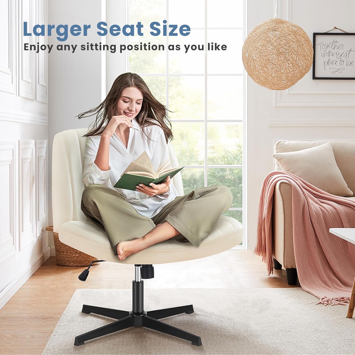 DUMOS Desk Chair No Wheels, Criss Cross Chair Wide Cross Legged Office Desk Vanity Chair, PU Leather Armless Adjustable Swivel Chairs for Home Computer Task Beige