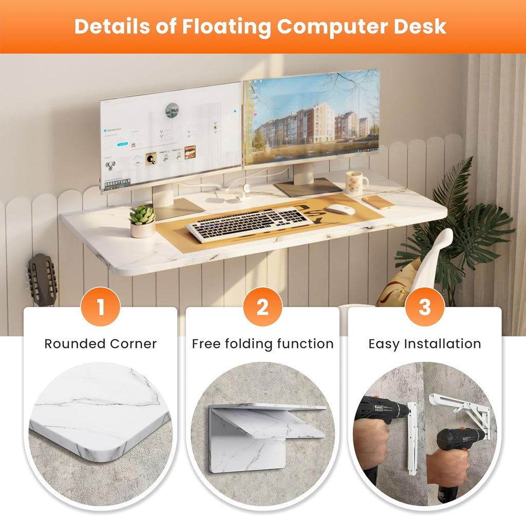 IAE Wall Mounted Floating Foldable Desk, 36" x 22" Folding Computer Workstation Table with Engineered Wood and Metal Shelf Brackets,Fold&Floating Design for Home Office, Small Rooms,Work Setups,White