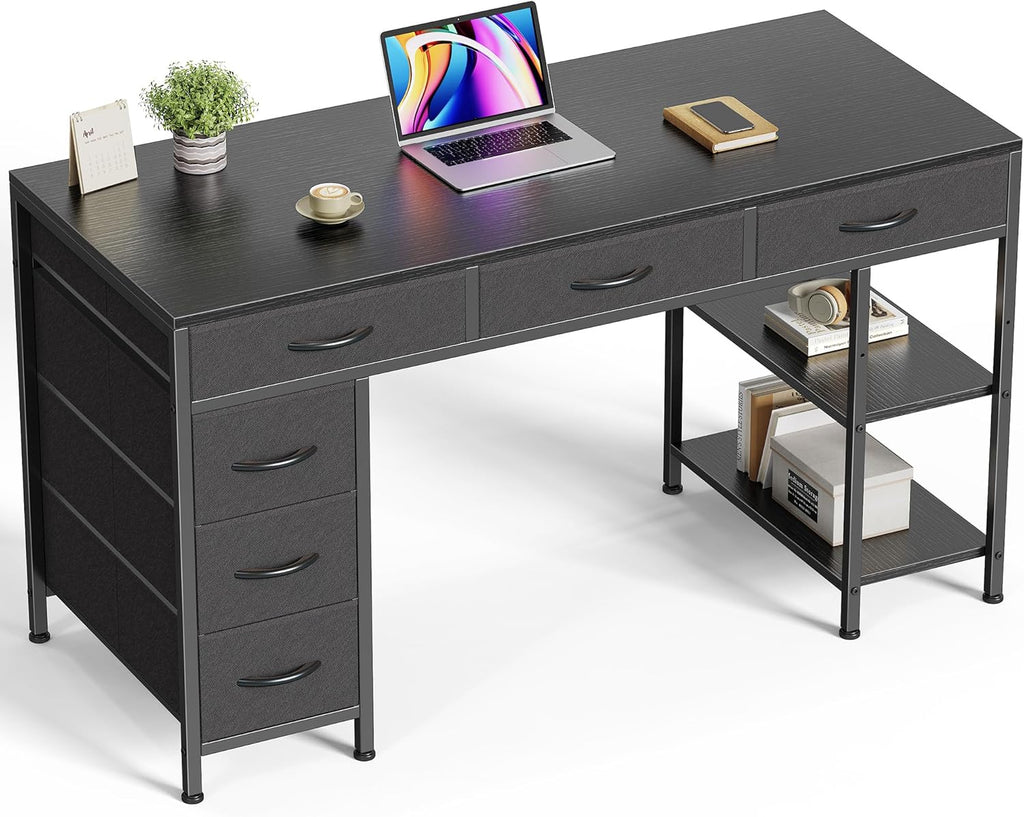 Huuger Computer Desk with 6 Drawers, 47 Inch Office Desk with Shelves, Reversible Gaming Desk, Corner Desk with Storage, Work for Home Office, Study, Living Room, Rustic Brown