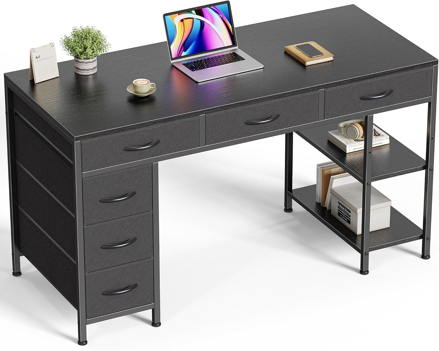 Huuger Computer Desk with 6 Drawers, 47 Inch Office Desk with Shelves, Reversible Gaming Desk, Corner Desk with Storage, Work for Home Office, Study, Living Room, Rustic Brown