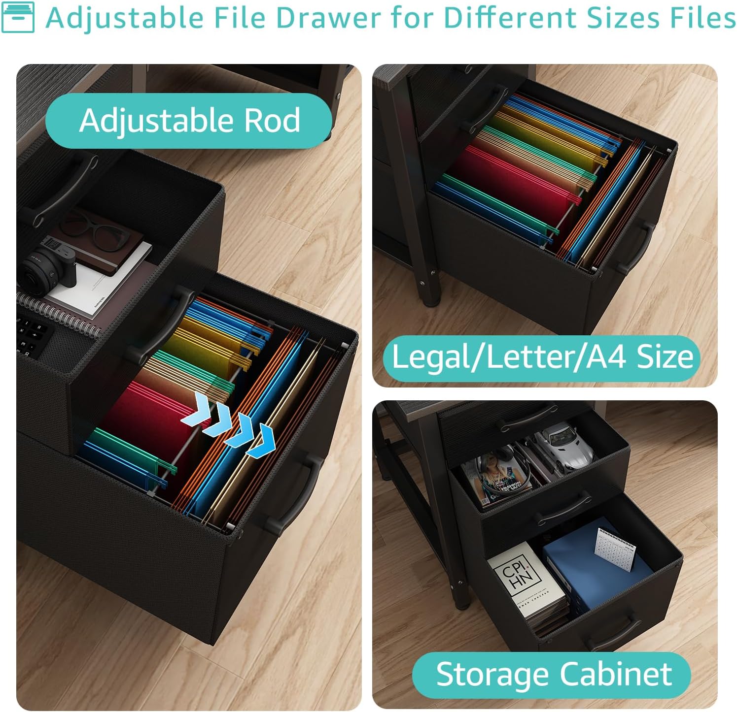 Lufeiya Computer Desk with File Drawers Cabinet, 47 Inch Reversible Home Office Desks with Filing Cabinet for Small Space, Gaming Study Writing Table PC Desks, Black