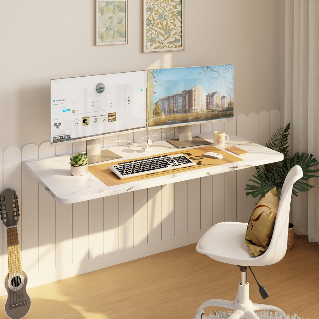 IAE Wall Mounted Floating Foldable Desk, 36" x 22" Folding Computer Workstation Table with Engineered Wood and Metal Shelf Brackets,Fold&Floating Design for Home Office, Small Rooms,Work Setups,White