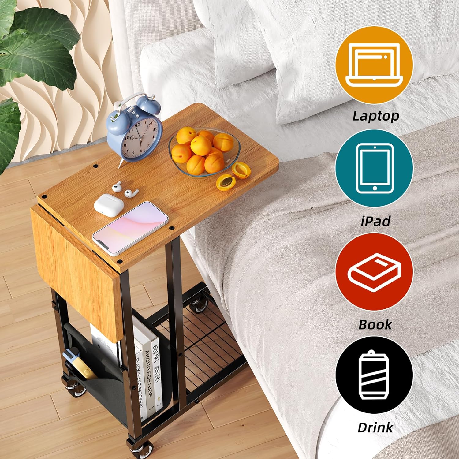 Simple Trending C Shaped End Table, Folding TV Tray Couch Side Table for Sofa on Wheels, Black