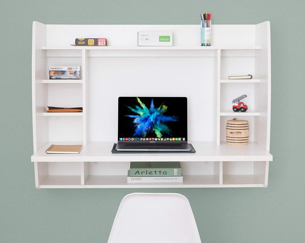 Versatile Wall Mount Floating Computer Desk - Stylish and Space-Saving Writing Study Table with Shelves - Ideal for Living Room, Bedroom, and Home Office, White