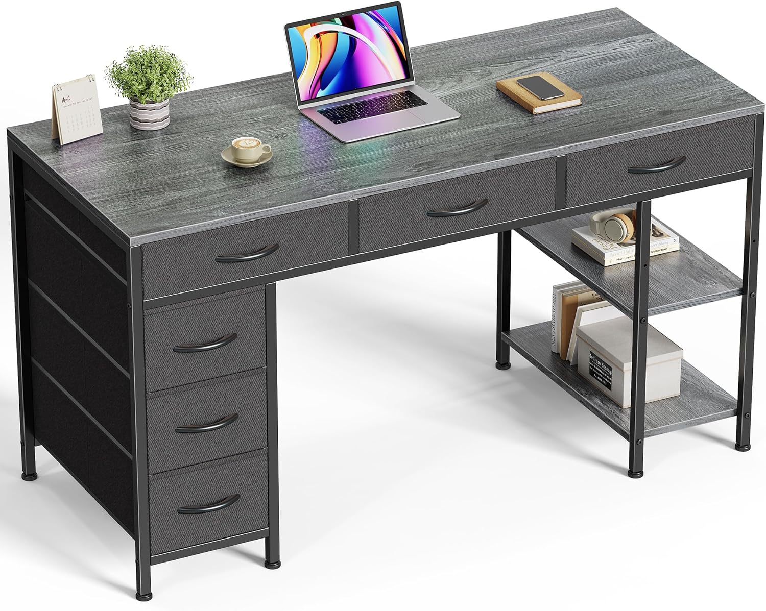 Huuger Computer Desk with 6 Drawers, 47 Inch Office Desk with Shelves, Reversible Gaming Desk, Corner Desk with Storage, Work for Home Office, Study, Living Room, Rustic Brown