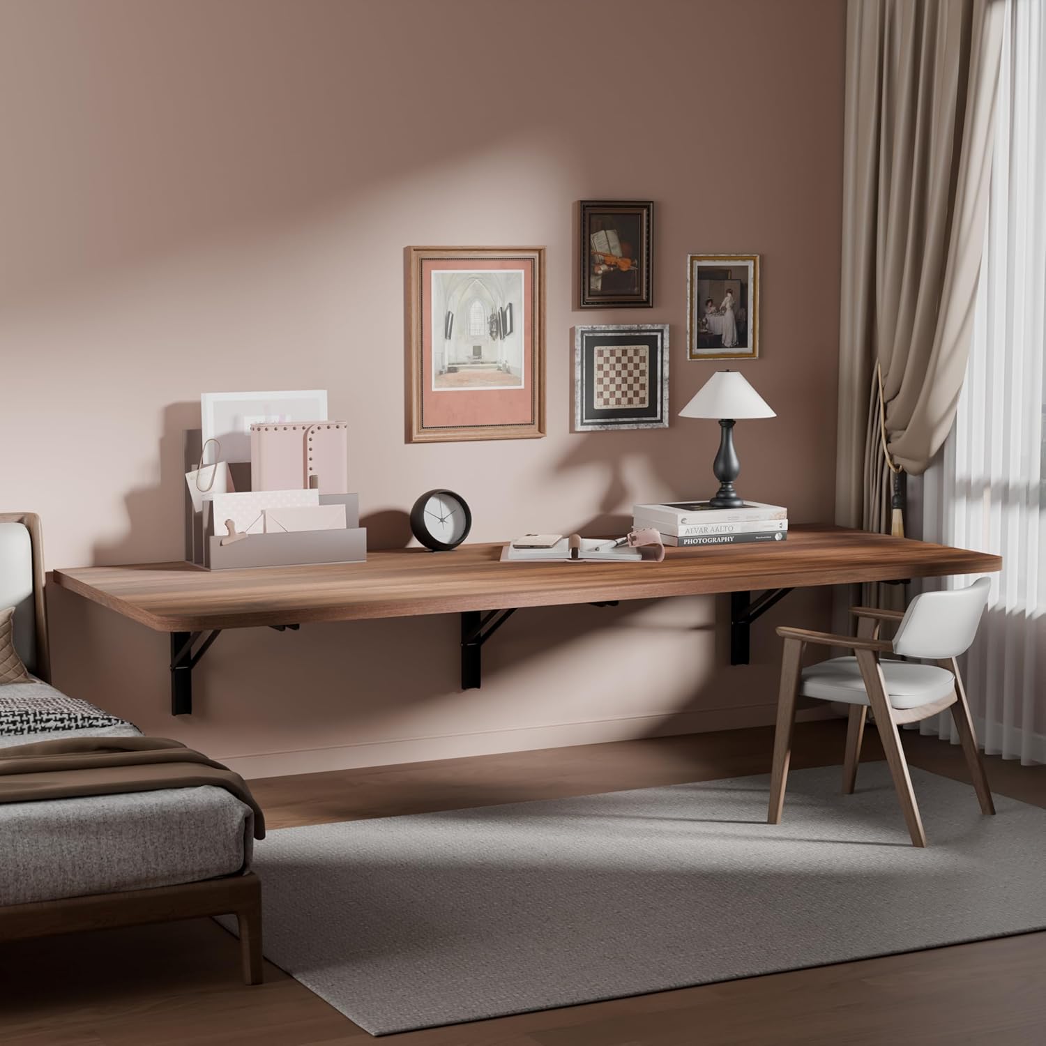 IAE 48" x 22" Floating Foldable Desk,Wall-Mounted Folding Computer Table with Engineered Wood,Study Table with Shelf Brackets,Fold Down Shelf,Fold Computer Desk for Small Spaces,Holds 500 lb,Brown