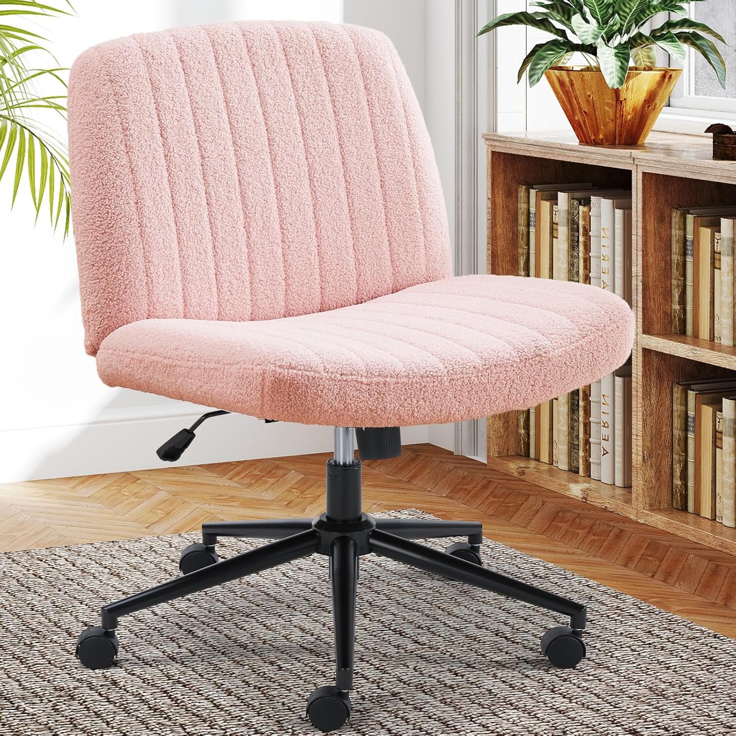 Sweetcrispy Criss Cross Chair Legged, Armless Office Swivel Desk Chair No Wheels, Vanity Height Adjustable Wide Seat Faux Leather Computer Task Seating for Home Bedroom