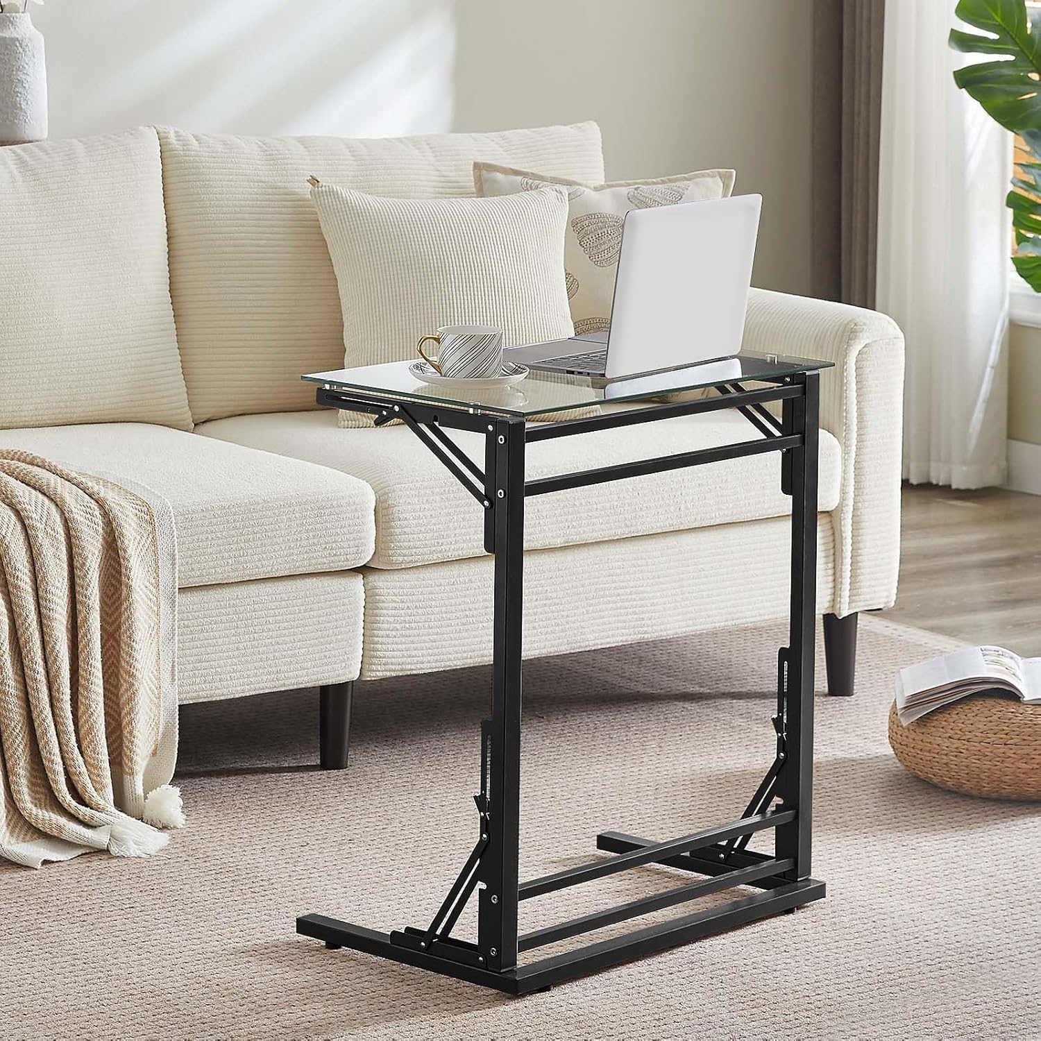 Tatub 24" Folding C Shaped End Table, Small Tempered Glass Side Table for Couch or Bed, Foldable TV Tray Laptop Desk with Gold Metal Frame