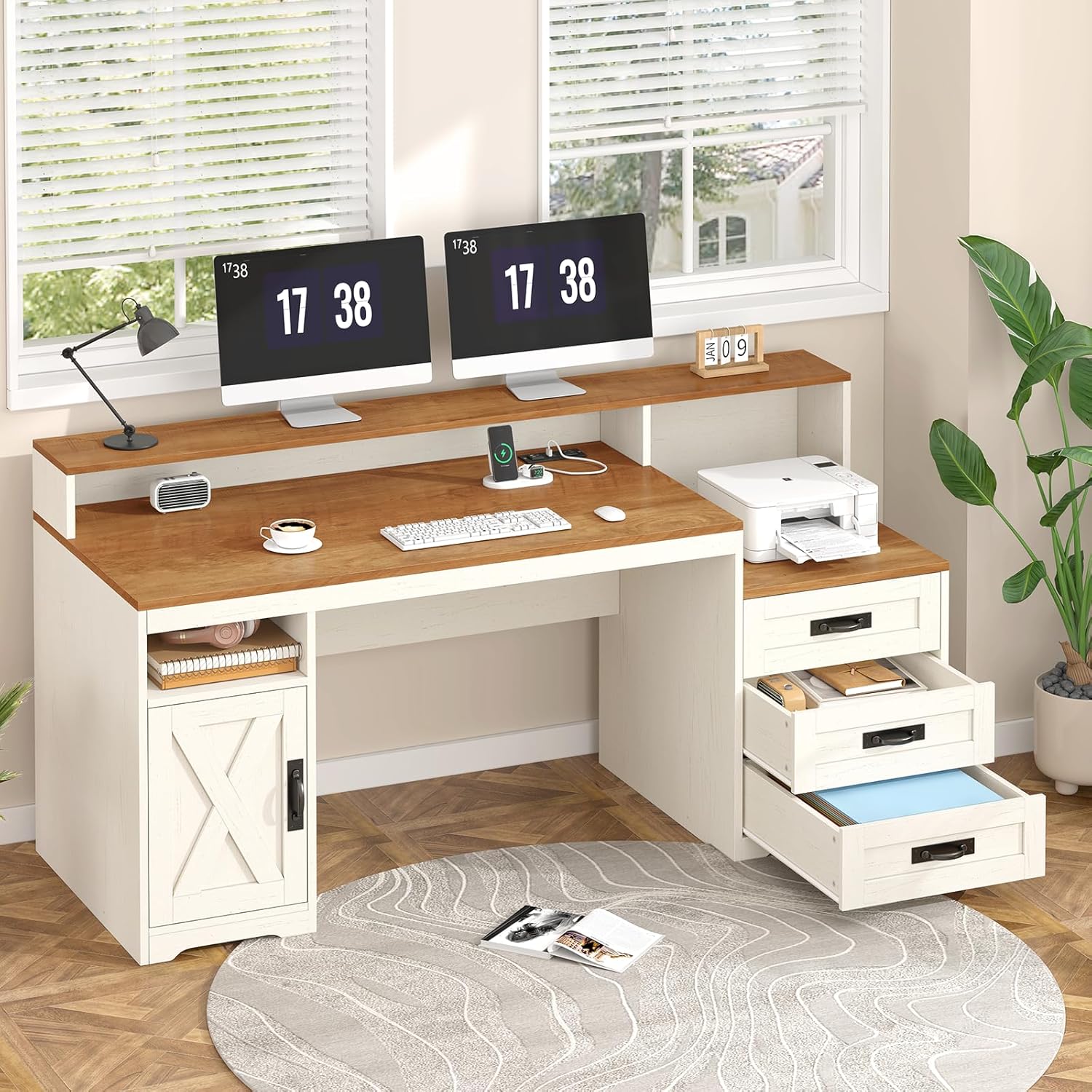 TVU Farmhouse Computer Desk with Drawers, 65'' Home Office Desk with Power Outlets, Storage Cabinet and Printer Stand, Study Writing Desks with Long Monitor Stand, White