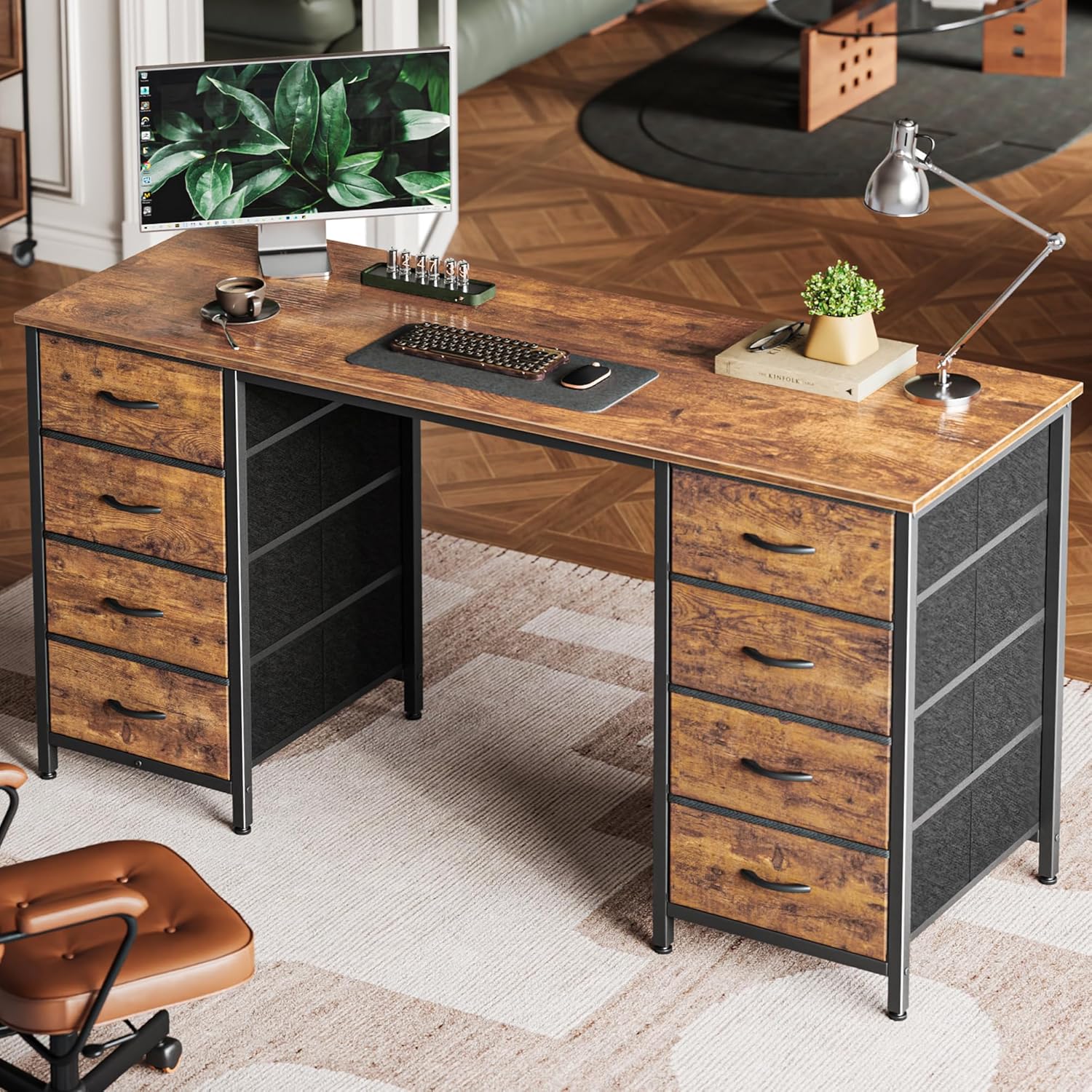 Huuger 47 Inch Computer Desk with 8 Fabric Drawers, Office Desk Work Desk for Home Office, Study, Gaming Desk with Drawers, Large Storage, Rustic Brown