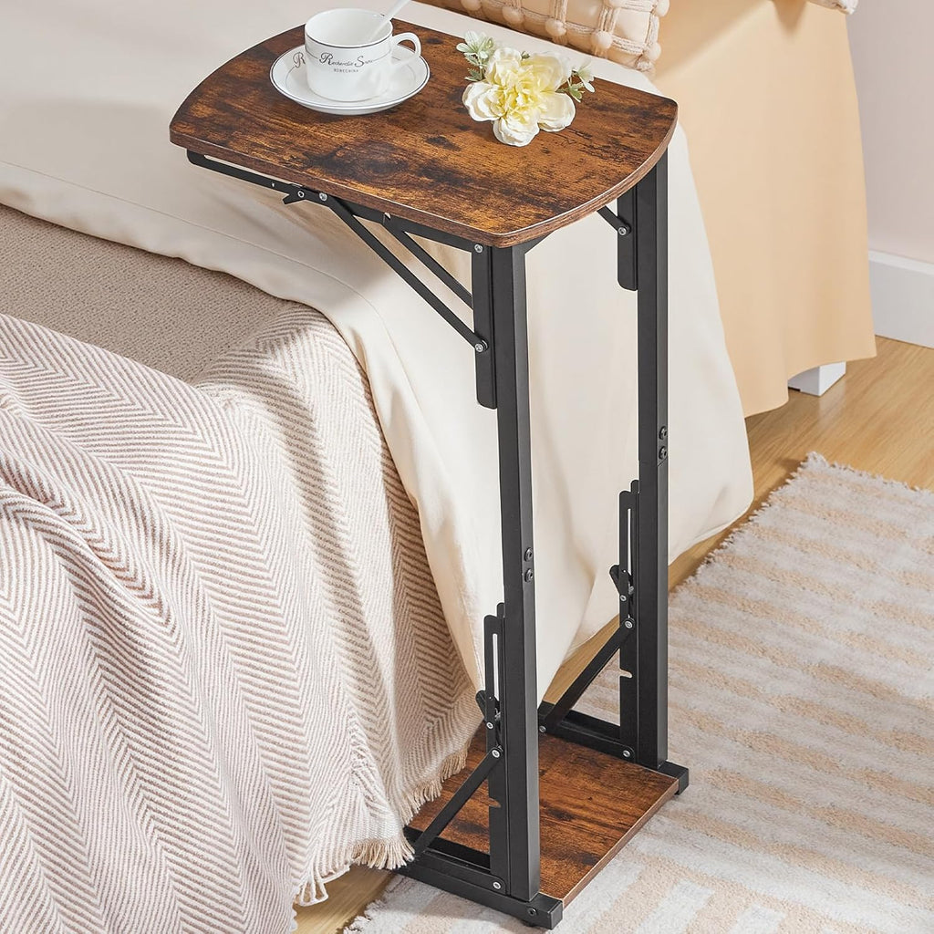 Folding C-Shaped End Table, Side Table for Couch, TV Tray Table for Small Spaces, Small Couch Side Table That Slide Under Sofa Bed, Living Room, Bedroom, Bedside, Rustic Brown ETHR4101