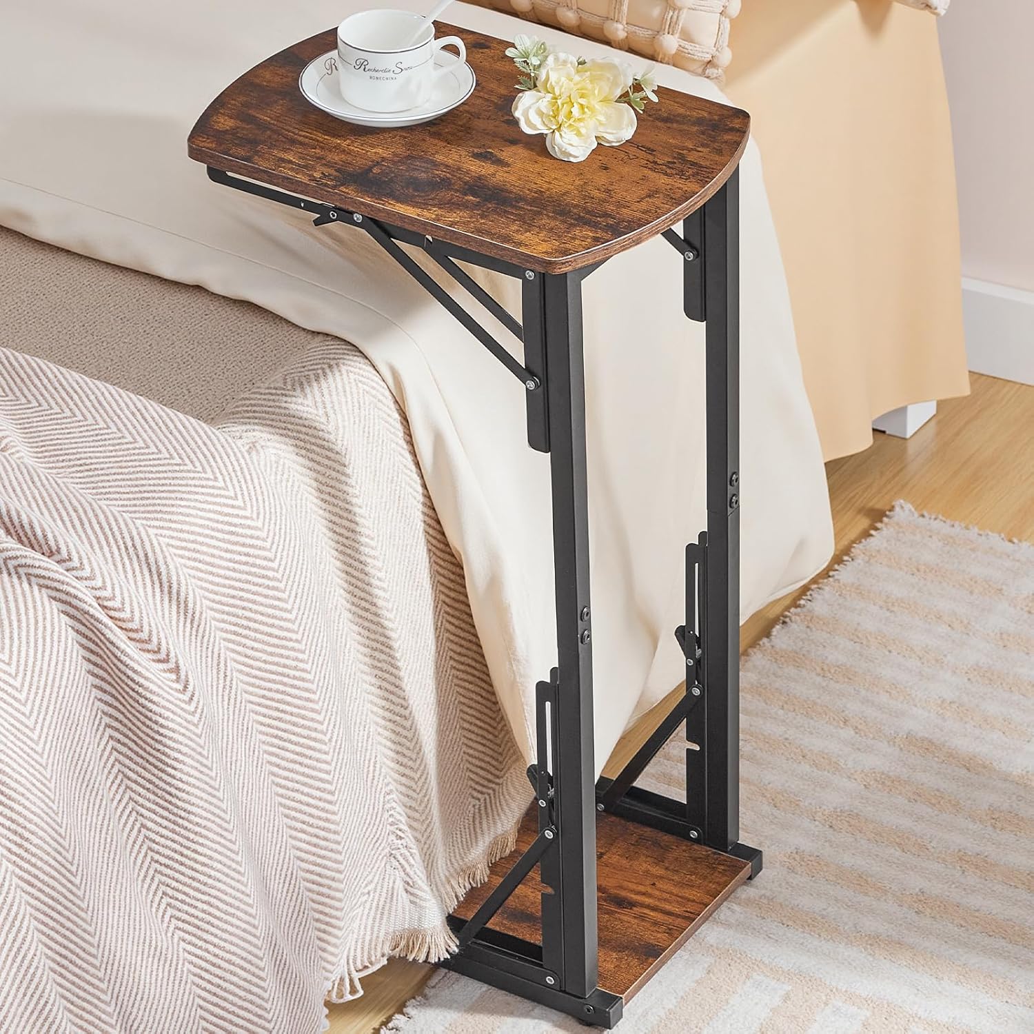 Folding C-Shaped End Table, Side Table for Couch, TV Tray Table for Small Spaces, Small Couch Side Table That Slide Under Sofa Bed, Living Room, Bedroom, Bedside, Rustic Brown ETHR4101