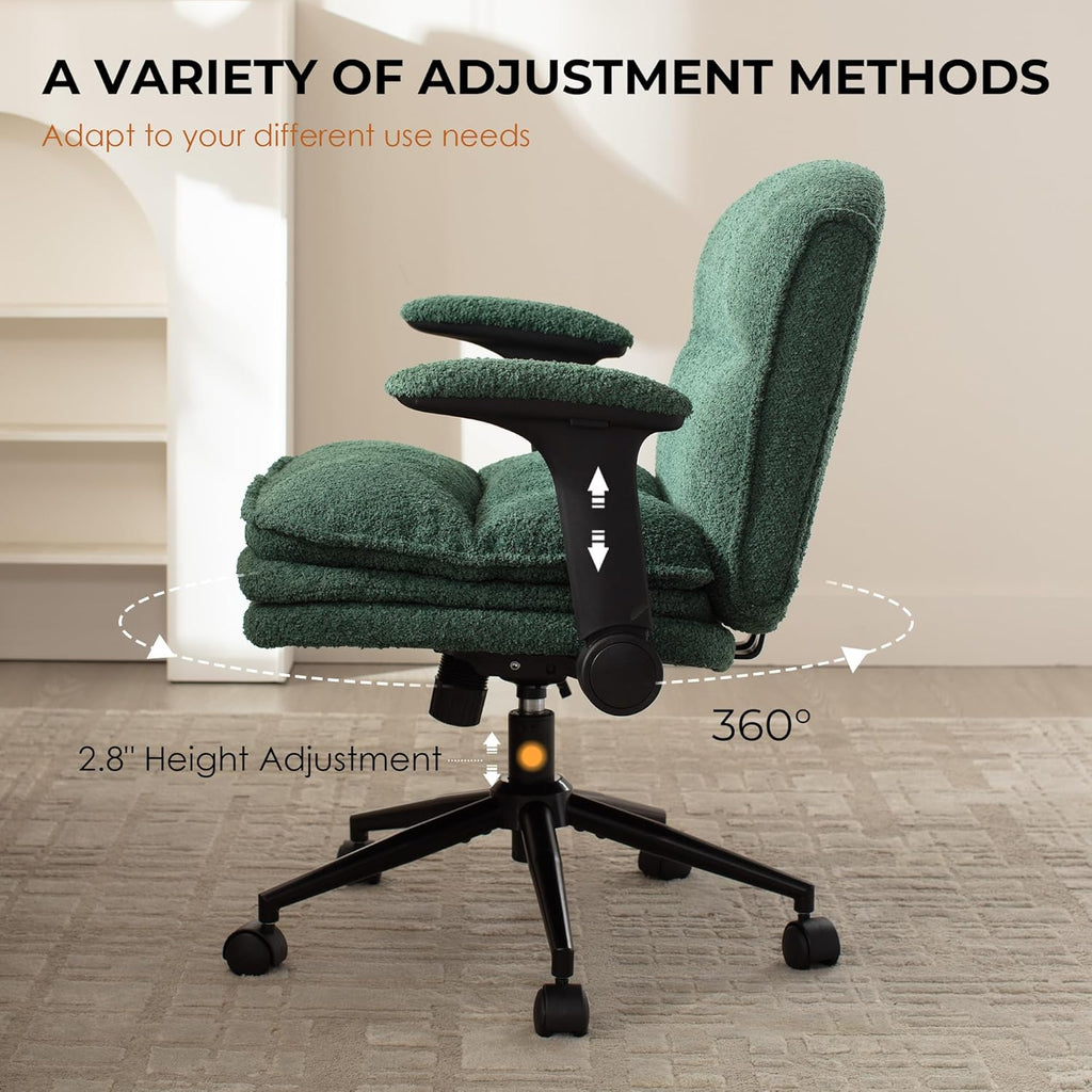 Dowinx Criss Cross Chair with Adjustable Flip-up Arms and Wheels, Comfort Ergonomic Office Desk Armchair with 3 Layer Cushions, Wide Seat Vanity Chair for Home Office, Living Room, Bedroom, Green