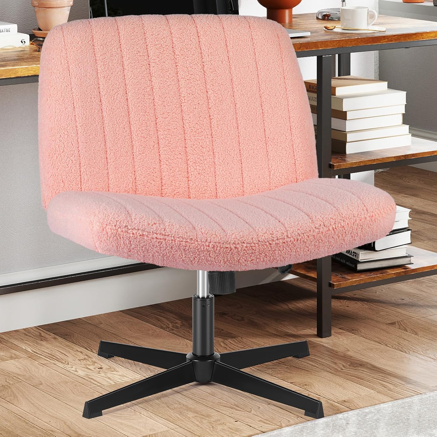 Sweetcrispy Criss Cross Chair Legged, Armless Office Swivel Desk Chair No Wheels, Vanity Height Adjustable Wide Seat Faux Leather Computer Task Seating for Home Bedroom