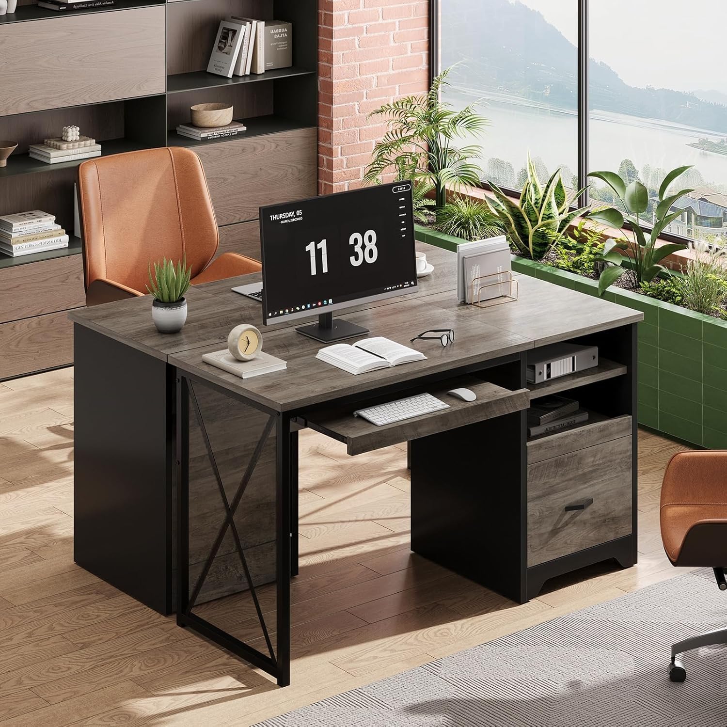 Bestier 47" Office Desk with Drawers, Industrial Computer Desk with Drawer, Reversible Teacher Desk with Storage & Keyboard Tray for Small Space Home Office & Studio, Gray Wash