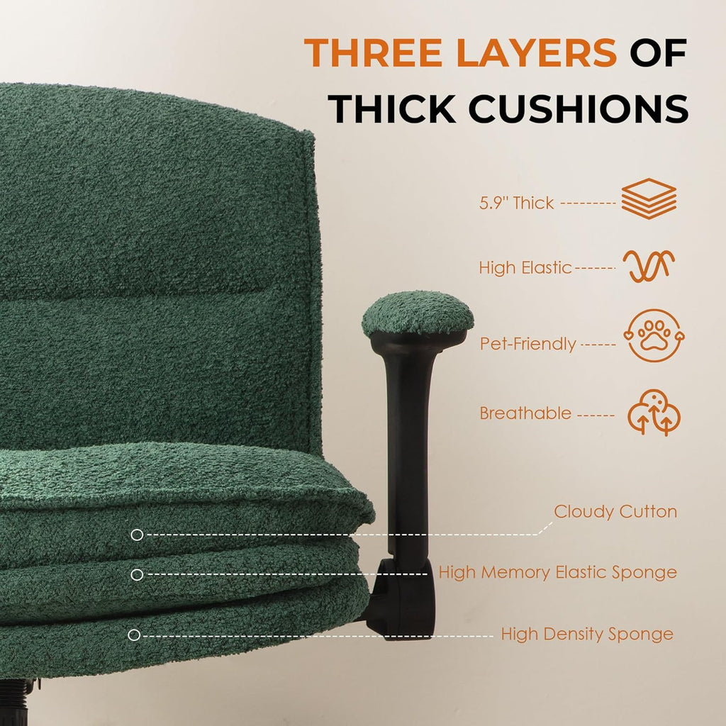 Dowinx Criss Cross Chair with Adjustable Flip-up Arms and Wheels, Comfort Ergonomic Office Desk Armchair with 3 Layer Cushions, Wide Seat Vanity Chair for Home Office, Living Room, Bedroom, Green